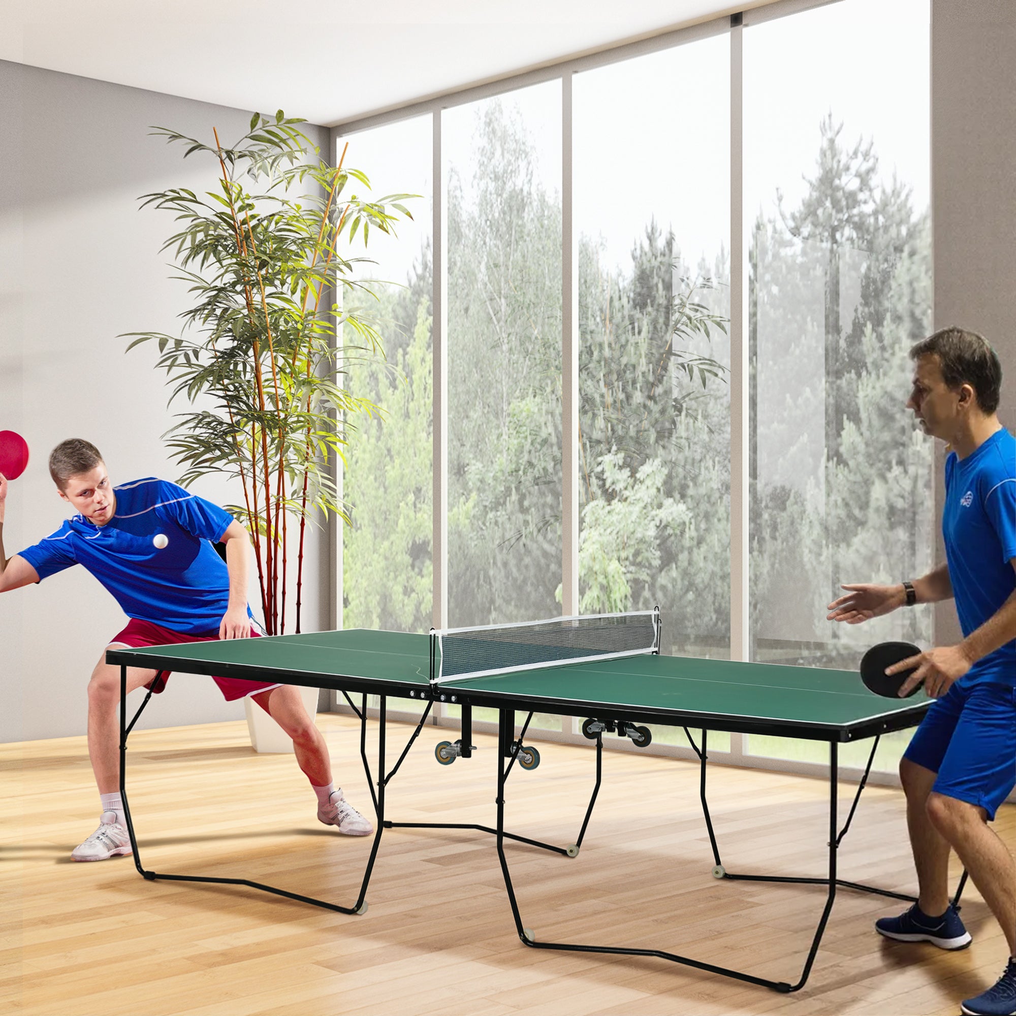 SPORTNOW 9FT Folding Tennis Table, with 8 Wheels, for Indoor Use, Green - anydaydirect