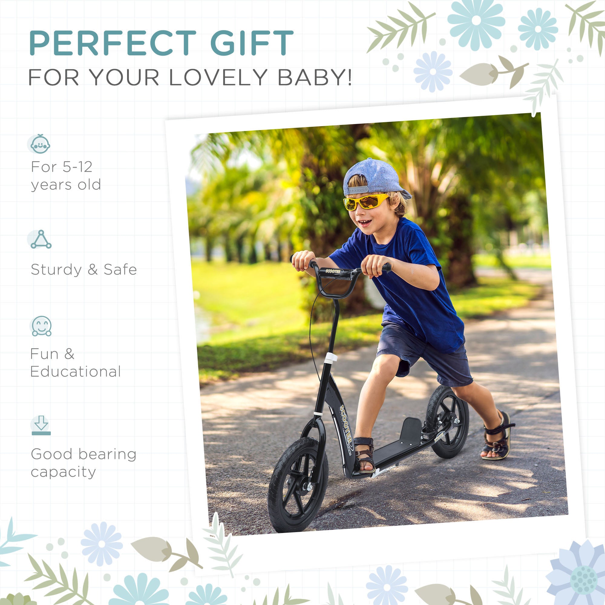 HOMCOM Teen Push Scooter Kids Children Stunt Scooter Bike Bicycle Ride On 12" EVA Tyres, Black - anydaydirect