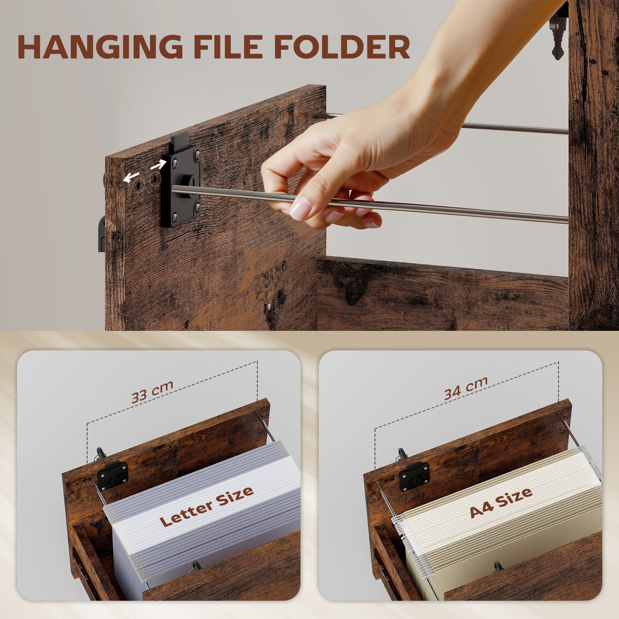 HOMCOM Rolling File Cabinet with 2 Drawers Special, Mobile Filing Cabinet with Hanging File Folder for Letter Sized Documents, Rustic Brown - anydaydirect