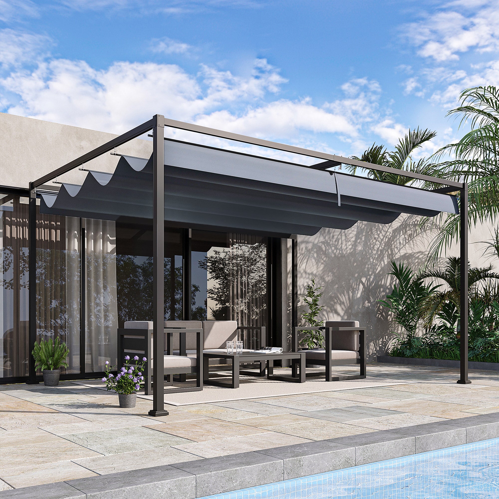 Outsunny 4 x 3(m) Metal Outdoor Pergola with Retractable Roof, Outdoor Gazebo Canopy Shelter with Drainage Holes for Garden, Patio, Lawn, Grey - anydaydirect