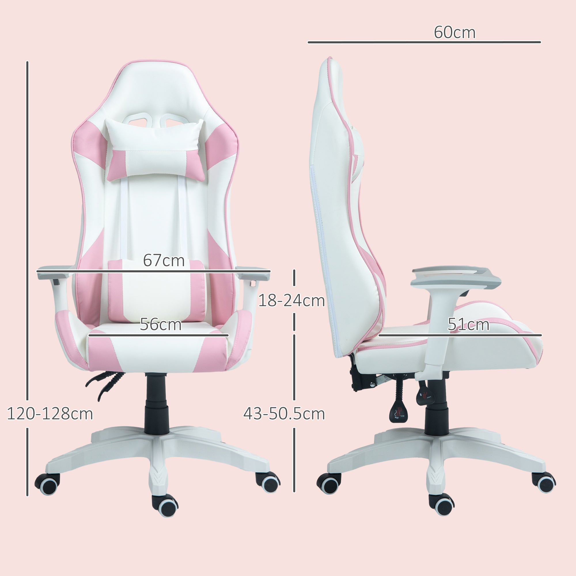 HOMCOM Faux Leather Colour Block Gaming Chair, with 135° Reclining Back - Pink/White - anydaydirect
