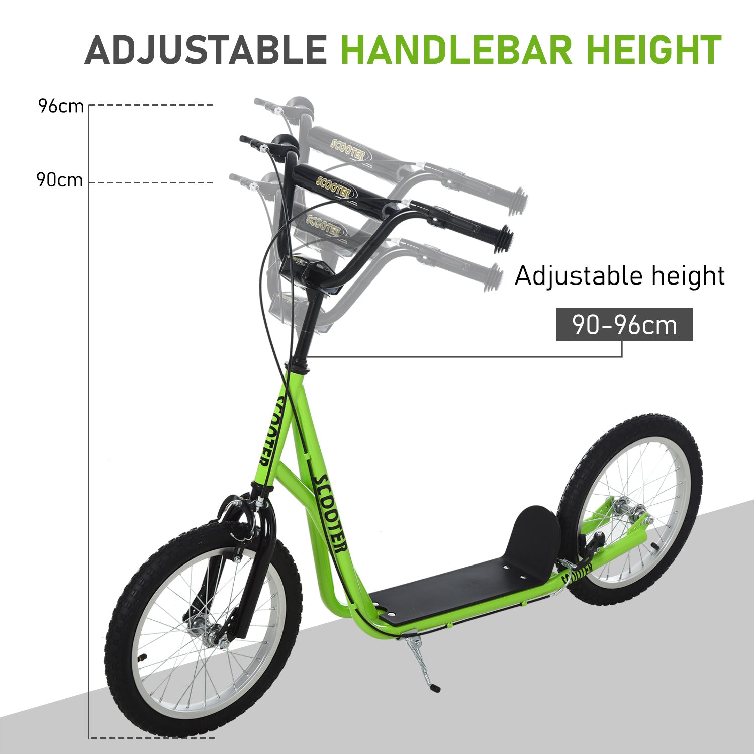 HOMCOM Teen Kids Stunt Scooter Children Kick Scooter Adjustable Handlebar 2 Brakes Ride On 16 Inch Rubber Tyres Green - anydaydirect