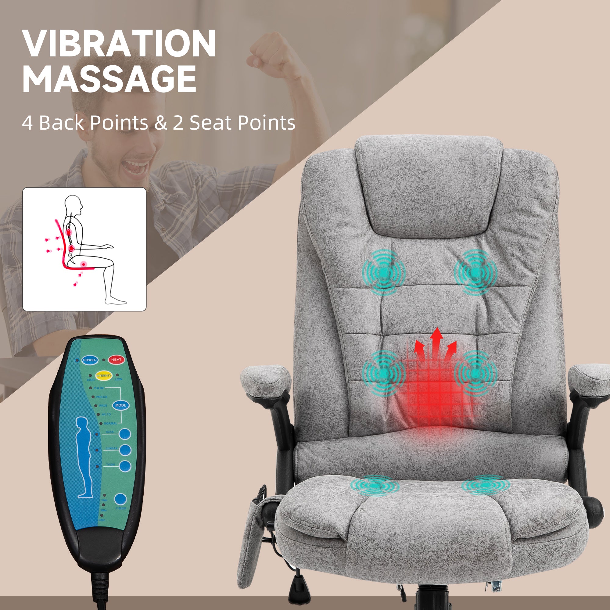 Vinsetto Massage Recliner Chair Heated Office Chair with Six Massage Points Microfiber Cloth 360° Swivel Wheels Grey - anydaydirect