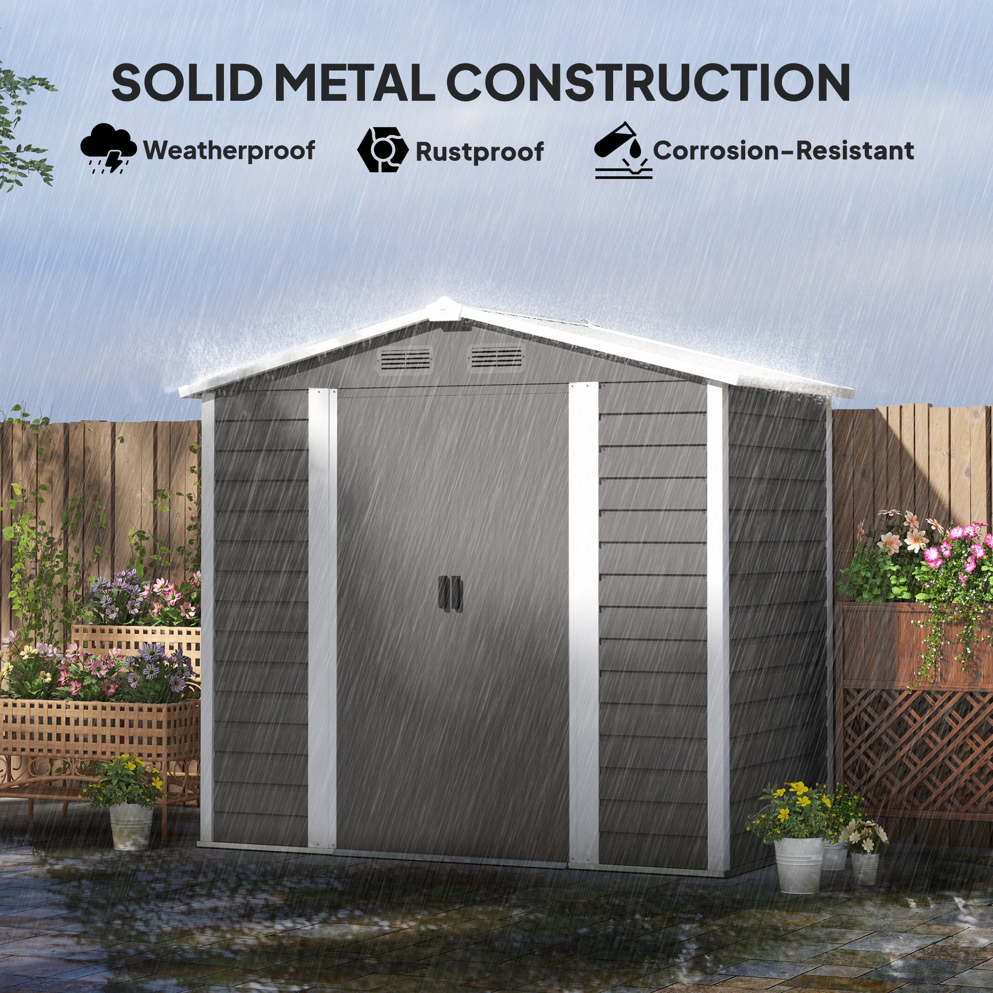 Outsunny 7 x 4ft Garden Shed, Easy to Assemble, Upgraded Galvanised Steel Frame with Foundation Kit, Double Doors with Lock, Outdoor Metal Shed with Vents and Gloves, Garden Storage Shed, Light Grey - anydaydirect