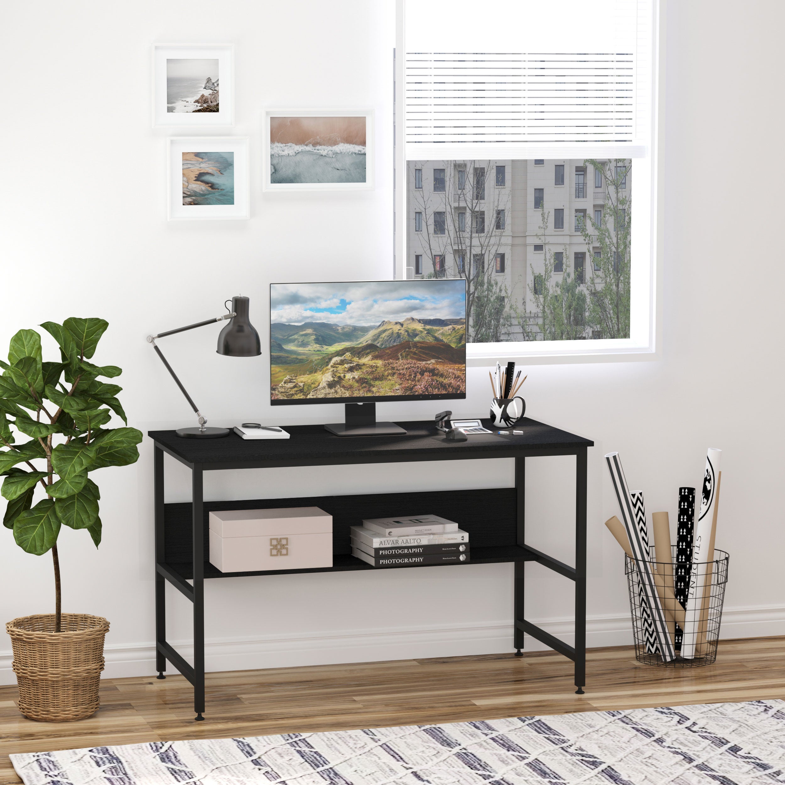 HOMCOM Computer Desk with Storage Shelf, 120 x 60cm Home Office Desk with Metal Frame, Study Table, Easy Assembly, Black - anydaydirect