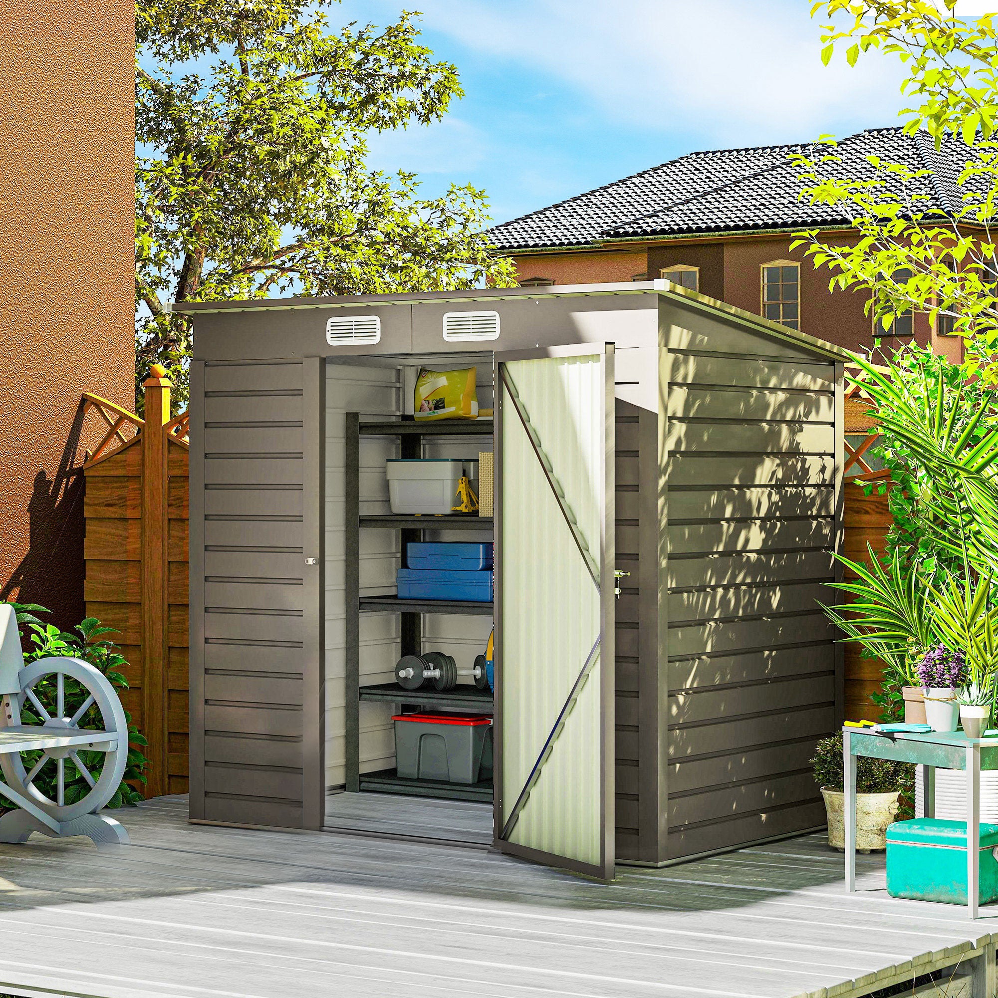Outsunny 4 x 6ft Galvanised Metal Garden Shed, with Locking Door - Grey - anydaydirect