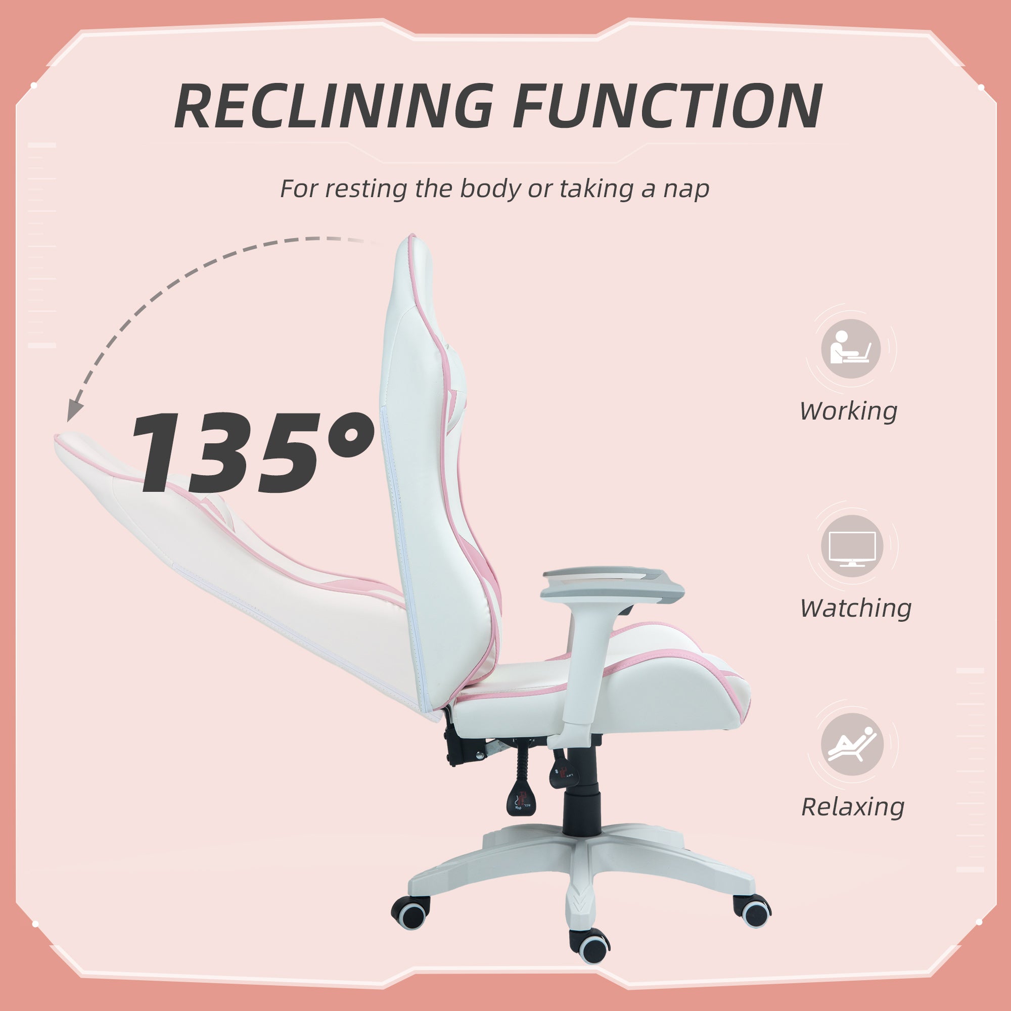 HOMCOM Faux Leather Colour Block Gaming Chair, with 135° Reclining Back - Pink/White - anydaydirect