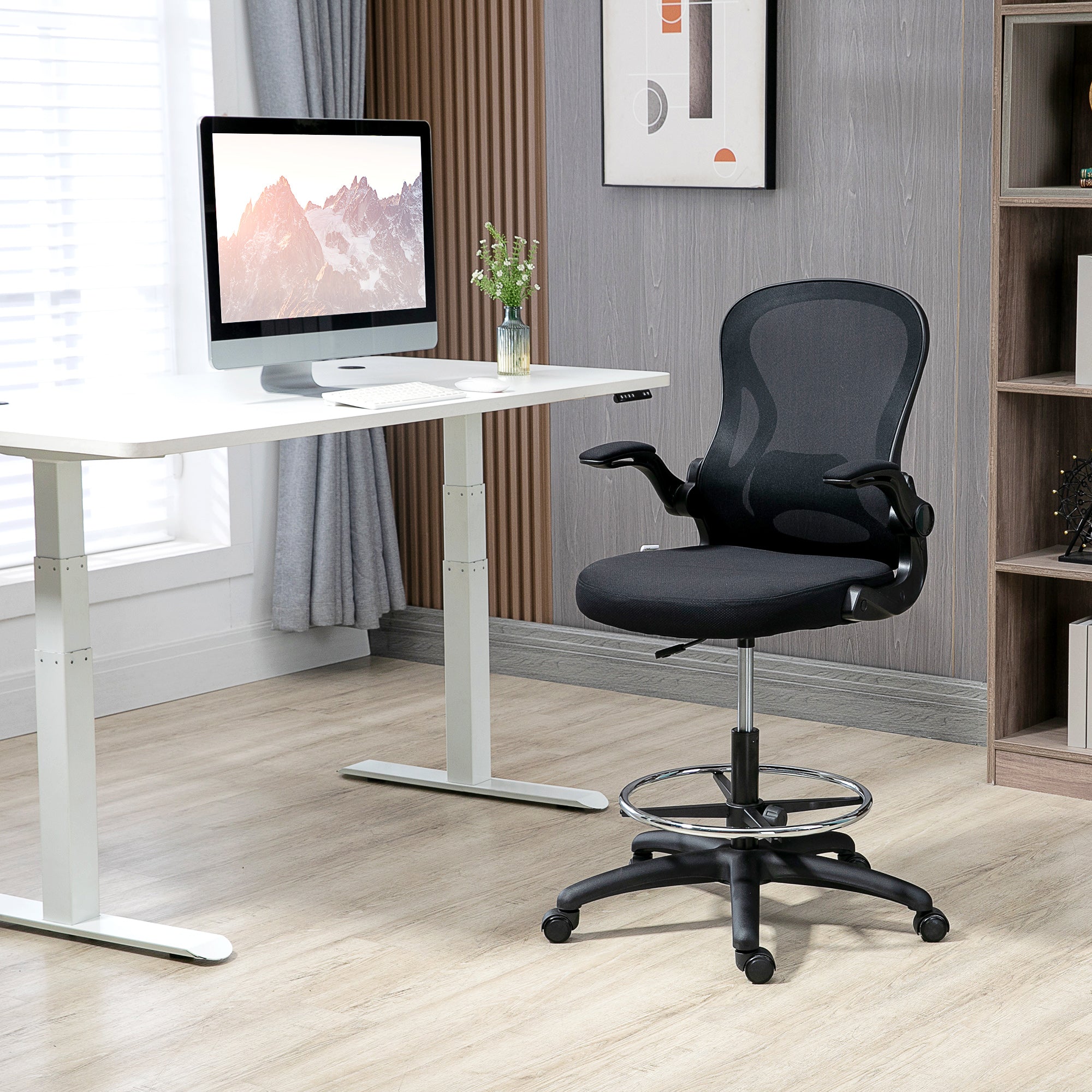 Vinsetto Adjustable Mesh Standing Desk Chair with Flip-up Armrests Lumbar Support Armrests Adjustable Footrest Ring Black - anydaydirect