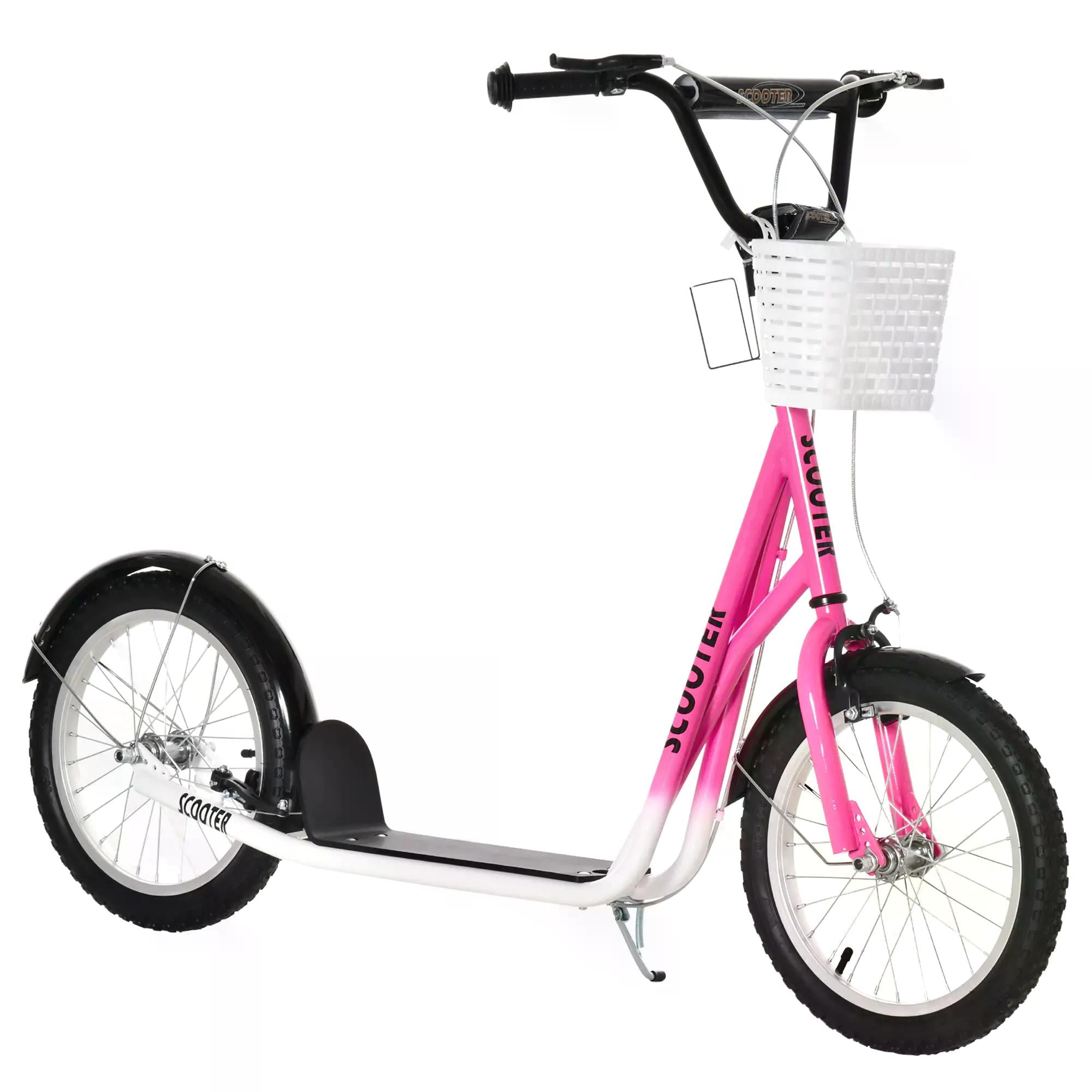HOMCOM Kids Kick Scooter Teen Ride On Children Scooter with Adjustable Handlebar 2 Brakes Basket Cupholder Mudguard 16" Inflatable Rubber Tyres Pink - anydaydirect