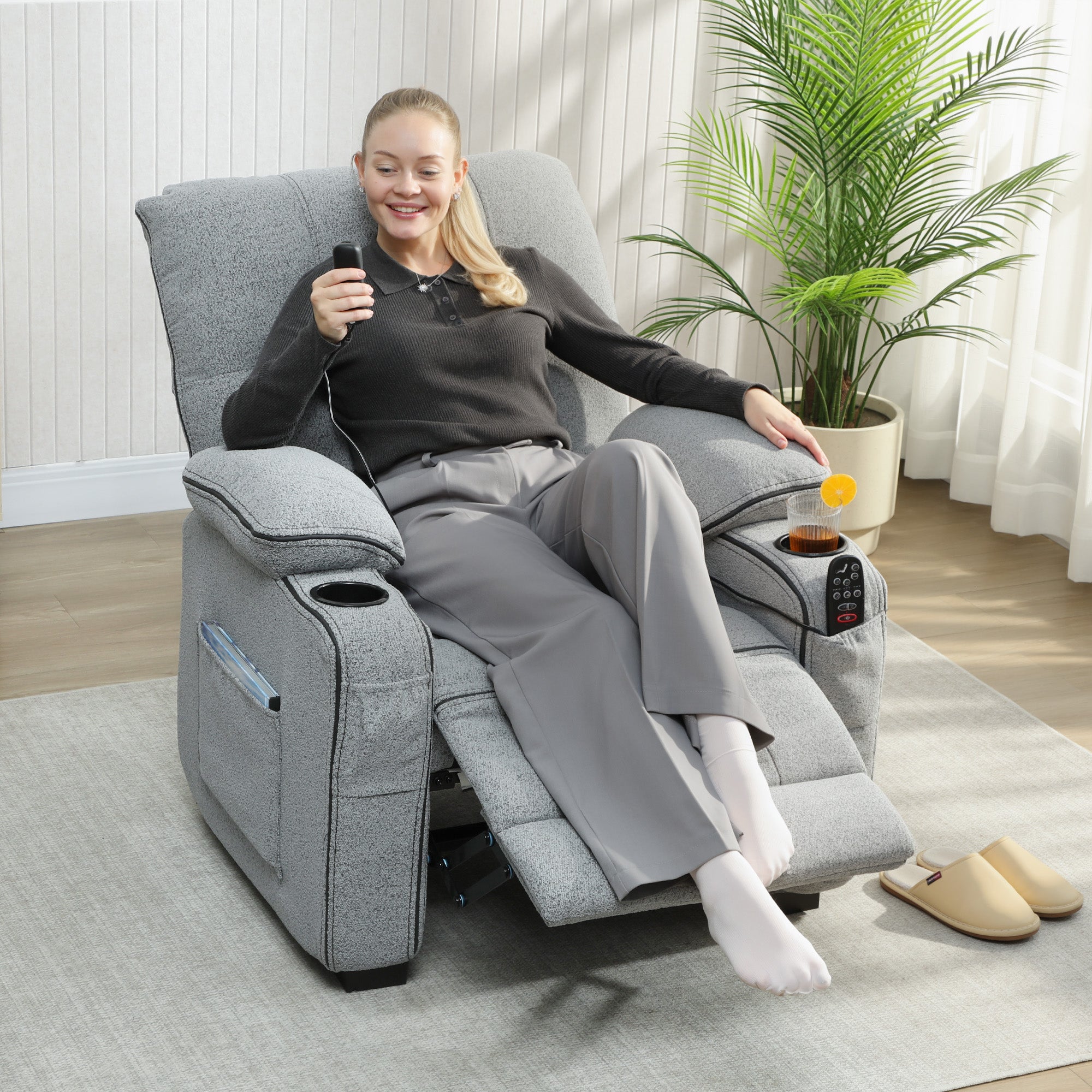 HOMCOM Electric Massage Recliner Armchair with Vibration, Heat, Whisper-Quiet Motor, Memory Function, Velvet Power Reclining Chair with Spring Pack, USB Port, Footrest, Side Pocket, Cup Holders, Grey - anydaydirect
