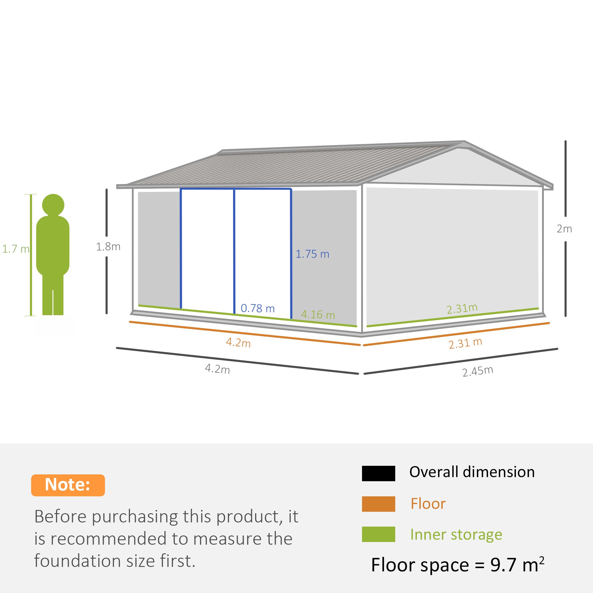 Outsunny 14 x 9 ft Lockable Garden Shed Large Patio Roofed Tool Metal Storage Building Foundation Sheds Box Outdoor Furniture, Grey - anydaydirect