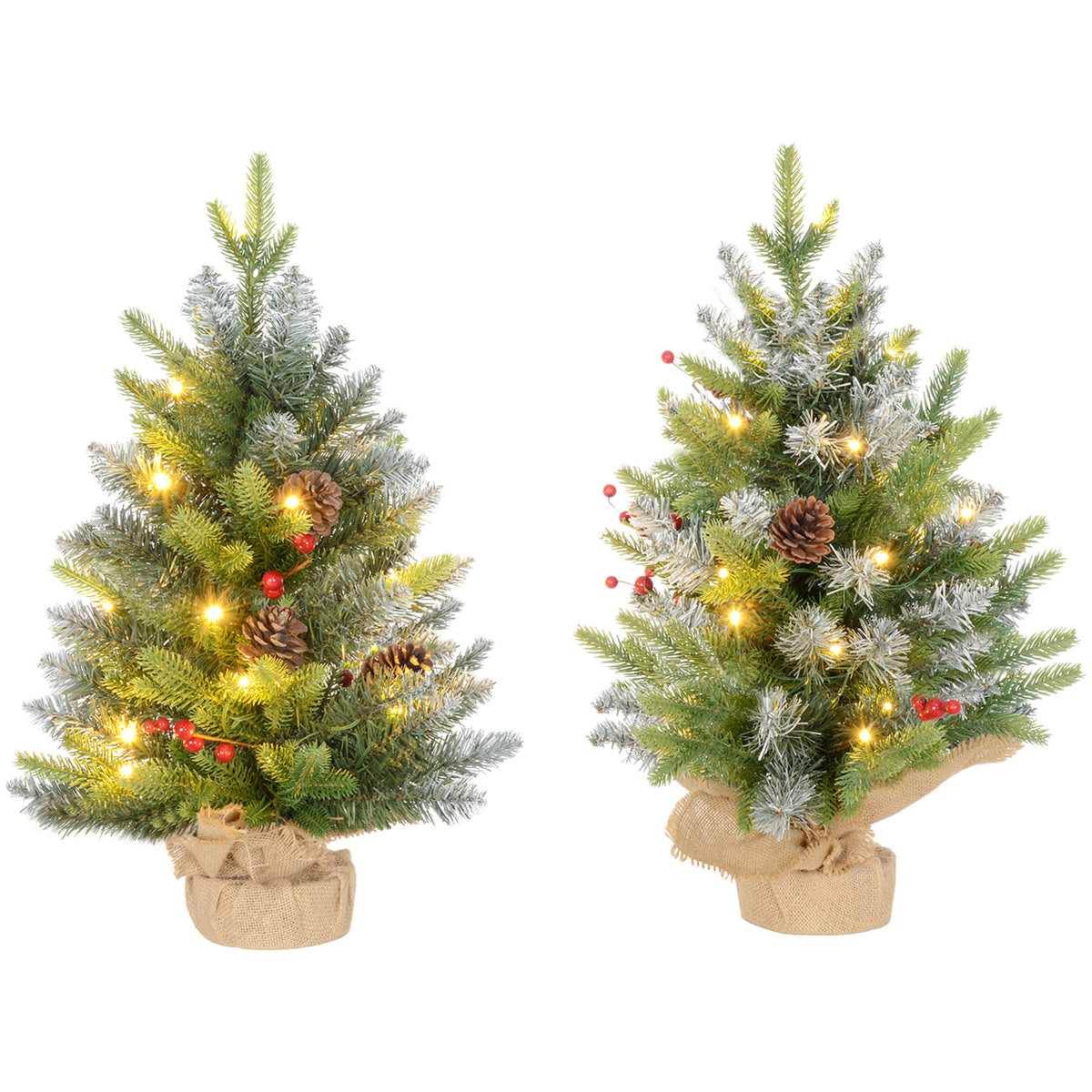 HOMCOM 2 Pieces 2ft Prelit Artificial Christmas Tree with LED Light and 141 Tips, Concrete Base, Tabletop Xmas Tree with Pine Cones and Red Berries, Green - anydaydirect