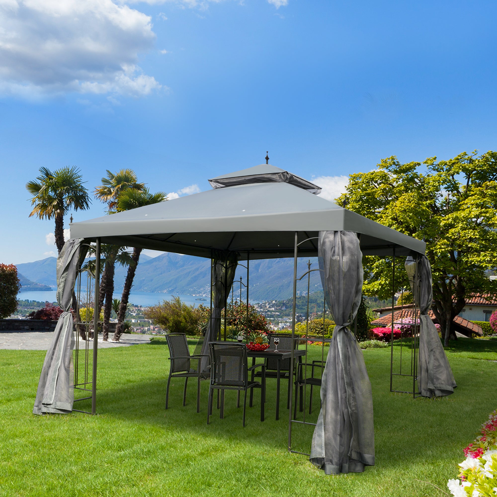 Outsunny 3(M)x3(M) Garden Gazebo Double Top Outdoor Canopy Patio Event Party Wedding Tent Backyard Sun Shade with Netting - Grey - anydaydirect