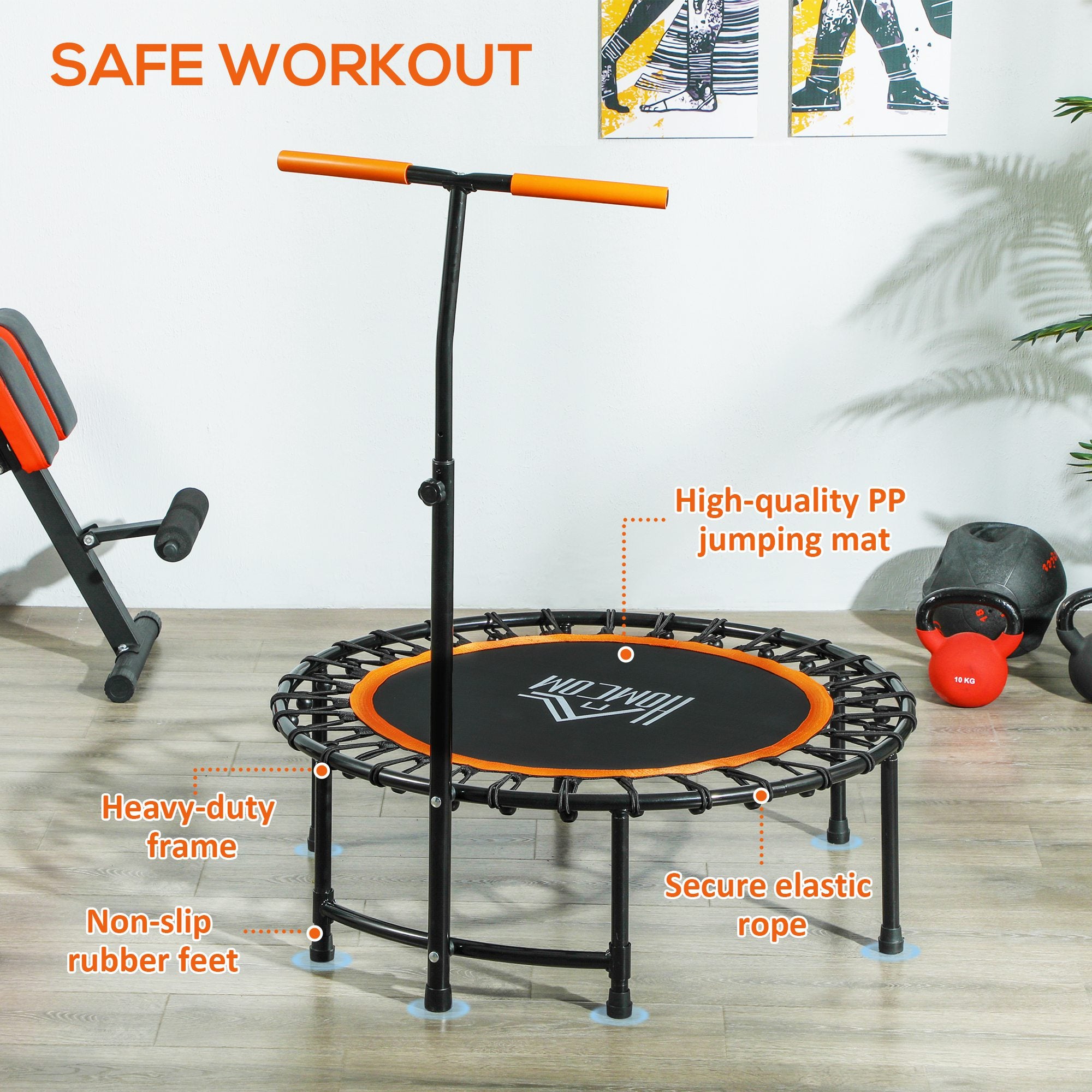 HOMCOM 40" Fitness Trampoline with Adjustable Handle, Rebounder Trampoline Mini Jumper for Indoor Exercise Workout, Support Up to 100kg, Orange - anydaydirect