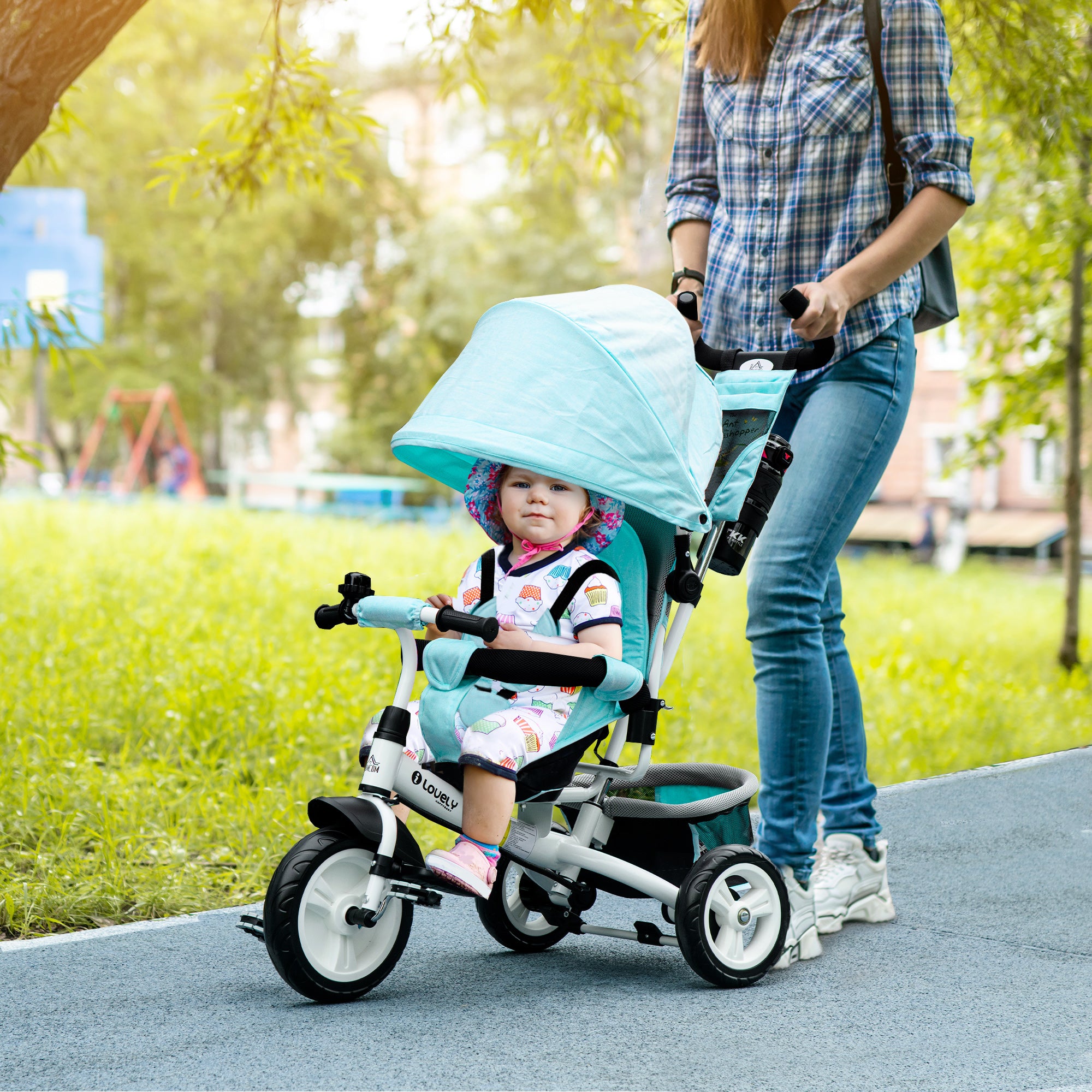 HOMCOM 4 in 1 Kids Trike Push Bike w/ Push Handle, Canopy, 5-point Safety Belt, Storage, Footrest, Brake, for 1-5 Years, Green - anydaydirect