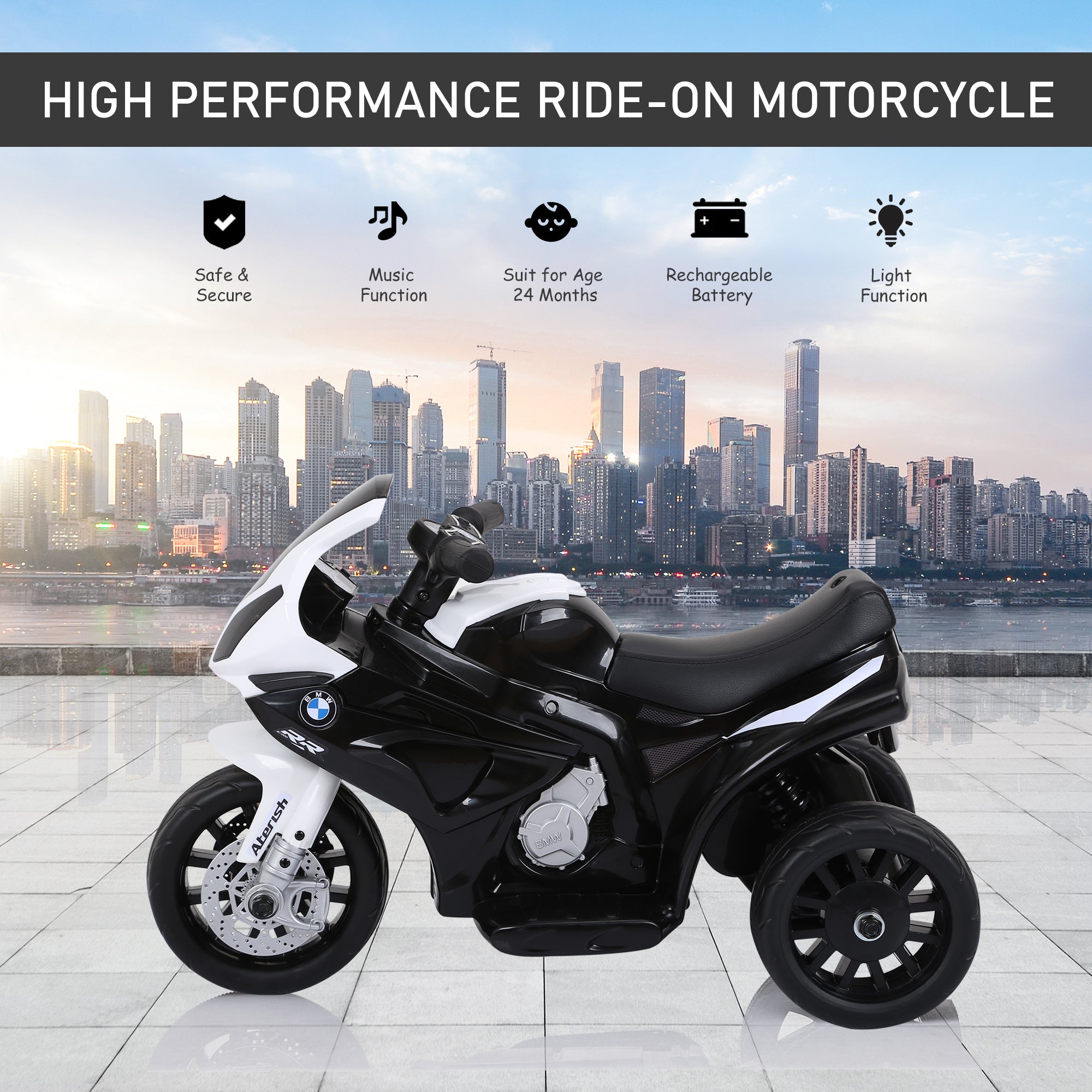 HOMCOM Compatible for Electric Kids Ride on Motorcycle BMW S1000RR w/ Headlights Music Battery Powered Play Bike 6V Black - anydaydirect