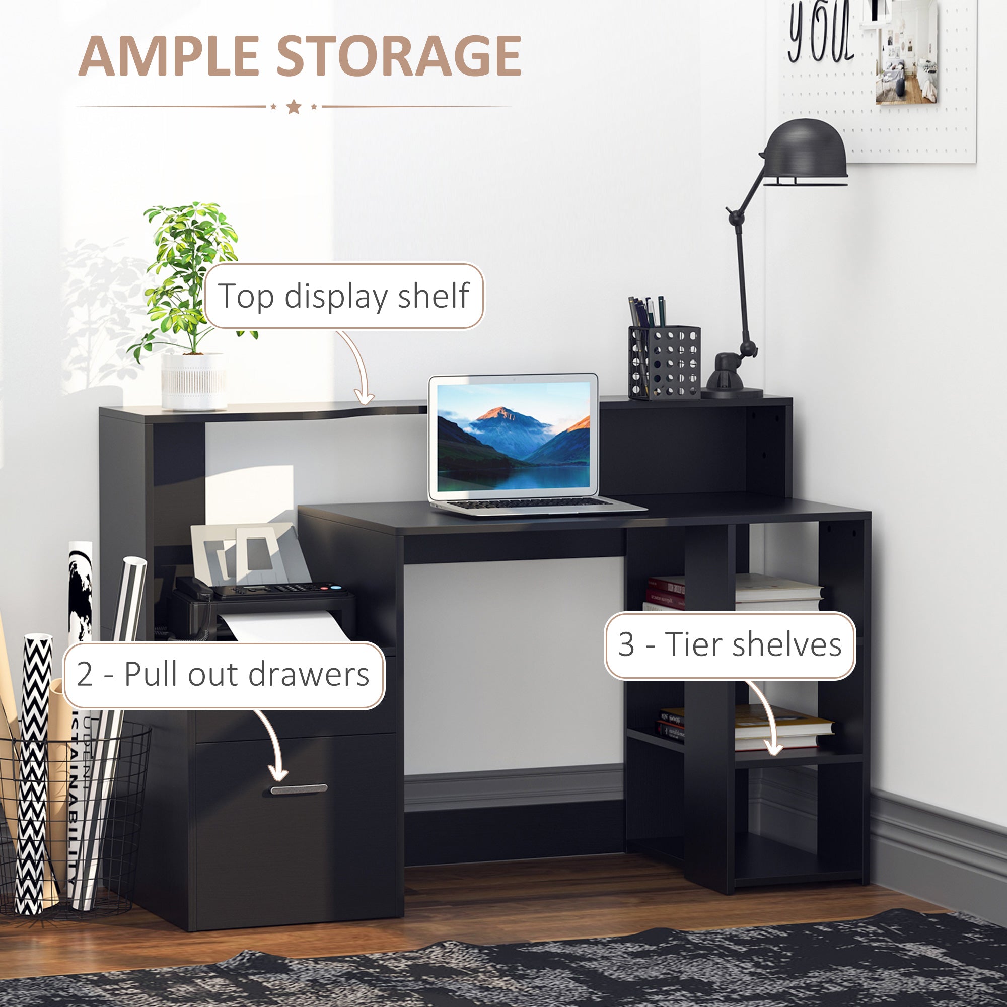 HOMCOM Computer Desk with Drawers and Storage Shelves, Reception Desk, Study Workstation for Home Office, 137 x 55 x 92cm, Black - anydaydirect