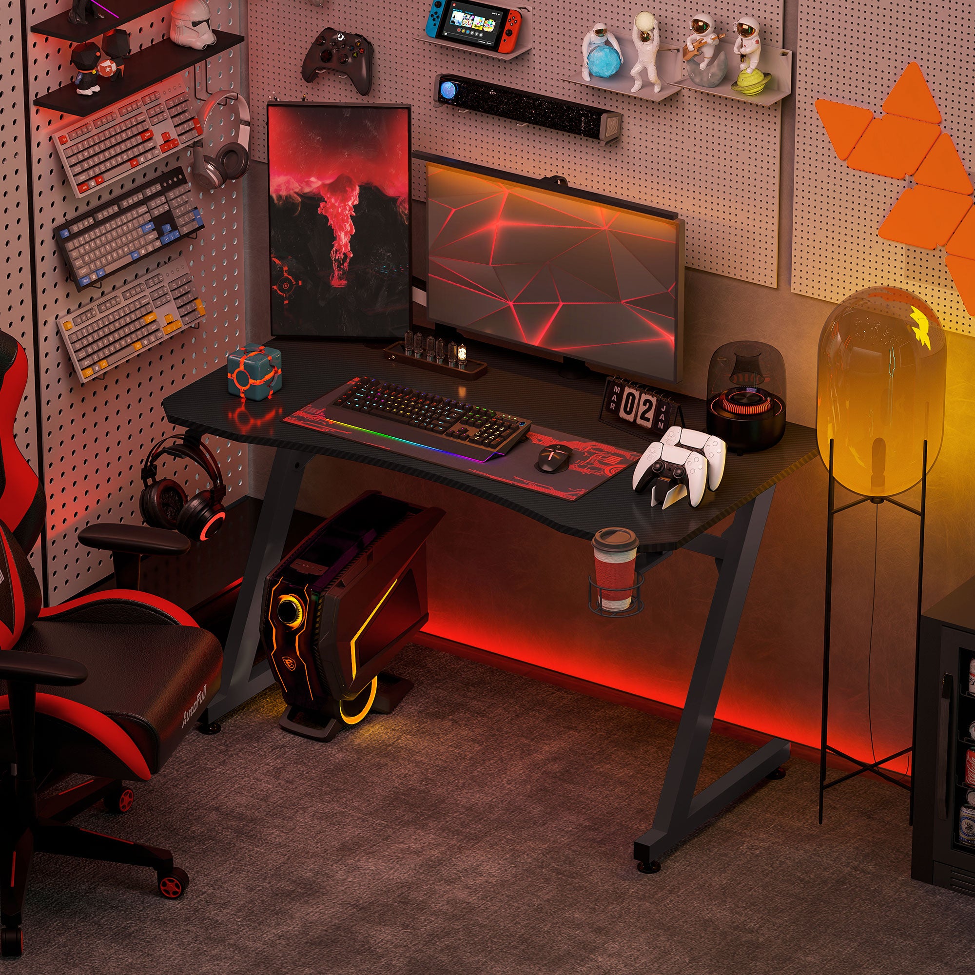 HOMCOM Gaming Desk 120 x 65 cm Steel Frame with Cup Holder, Headphone Hook, Adjustable Feet and Cable Organiser, Home Office Computer Table, Black - anydaydirect