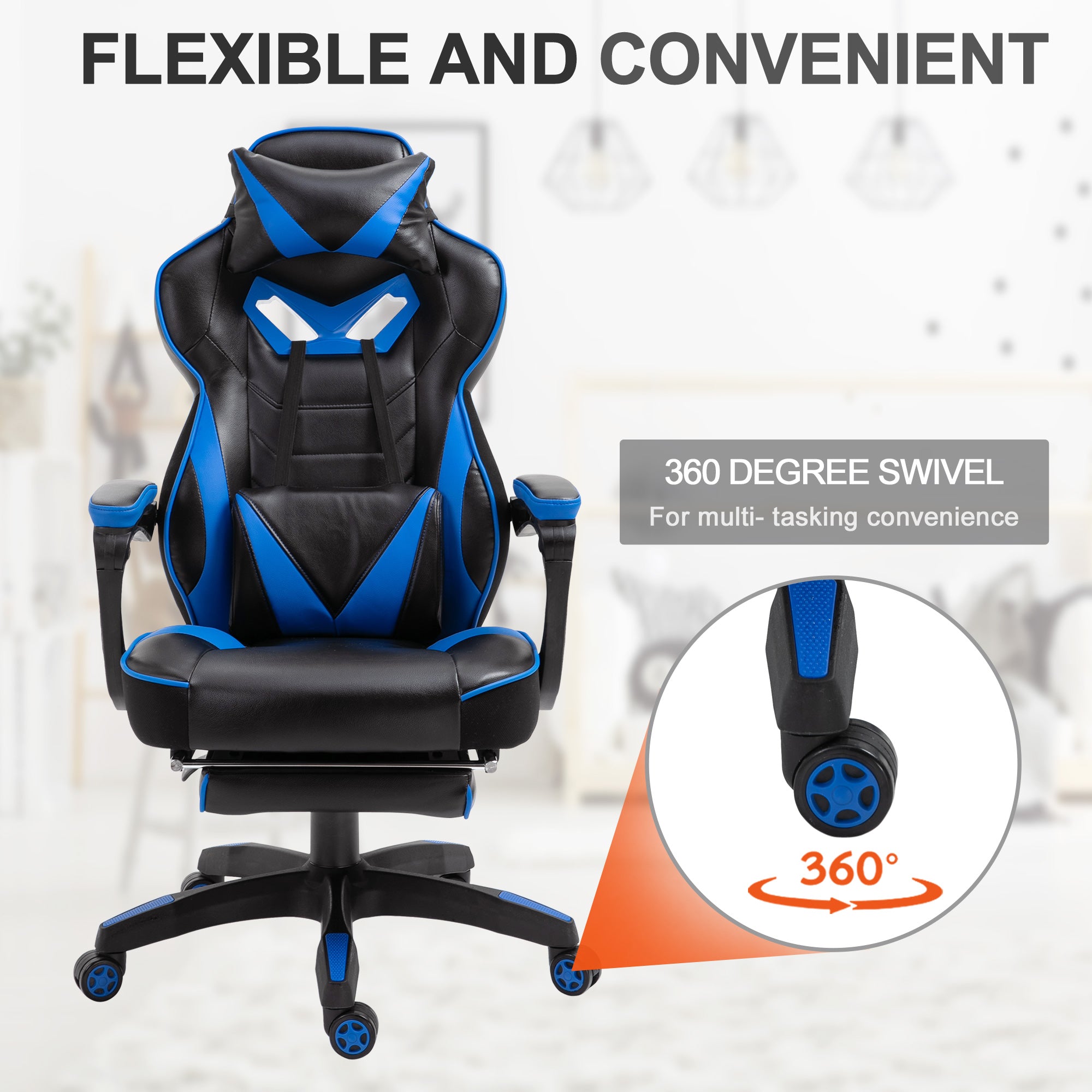 Vinsetto Faux Leather Reclining Gaming Chair, with Footrest - Blue/Black - anydaydirect