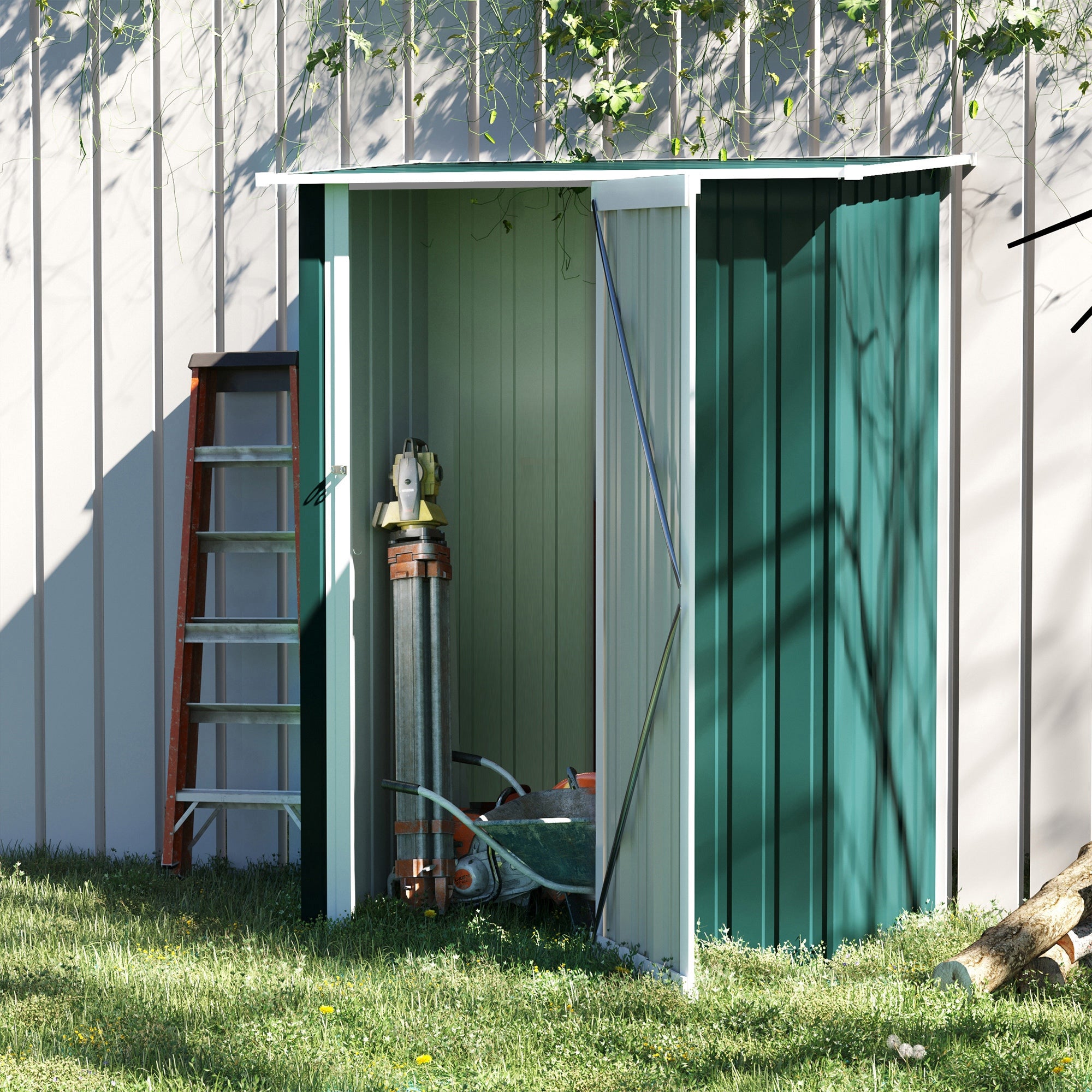 Outsunny 4.7ft x 2.8ft Garden Shed Steel Storage Shed Outdoor Equipment Tool Sloped Roof Door w/ Latch Weather-Resistant Paint Green - anydaydirect