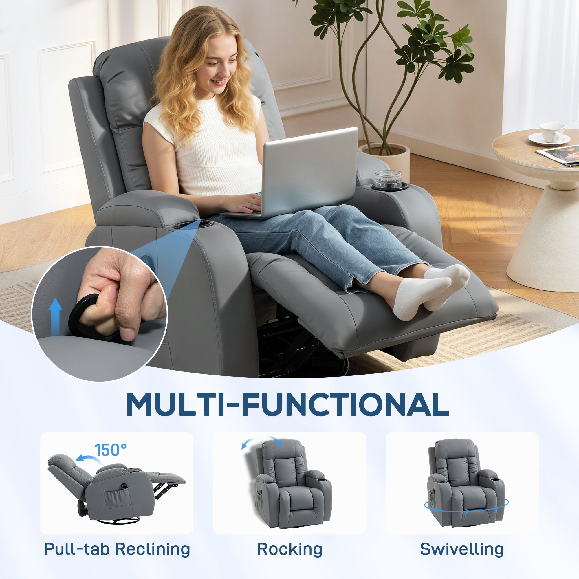 HOMCOM Massage Recliner Armchair, PU Leather Recliner Chair, Grey - anydaydirect