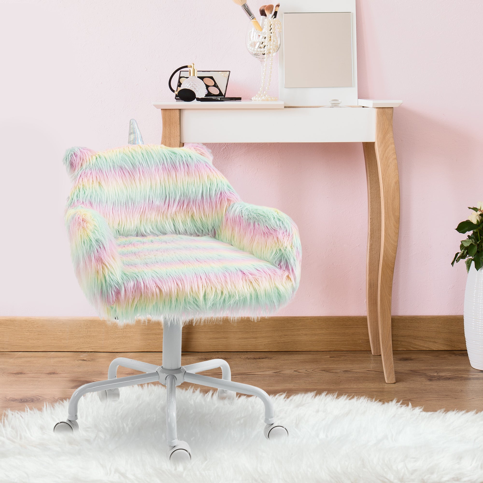 Vinsetto Unicorn Home Office Chair, Height Adjustable Fluffy Desk Chair with Armrests and Swivel Wheels, Colourful - anydaydirect