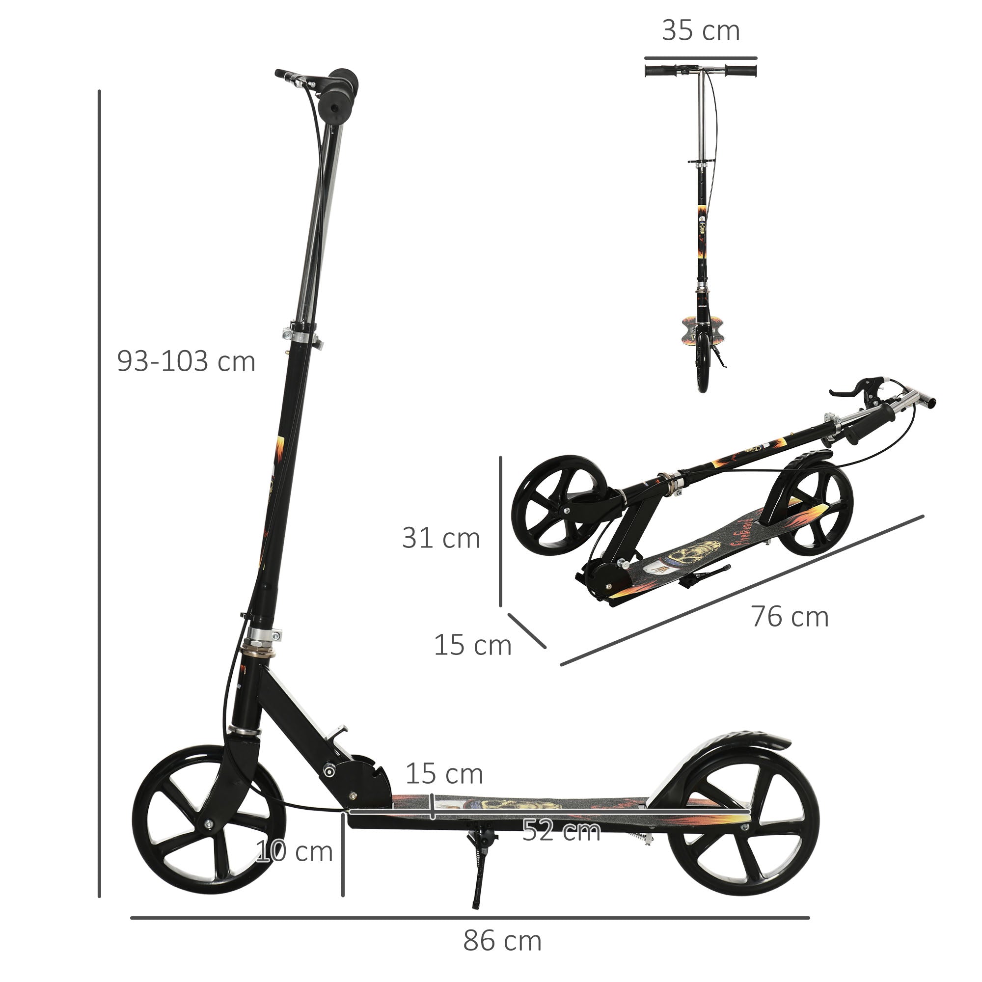 HOMCOM Kids Scooter, Toddler Foldable Kick Scooter with Adjustable Height Brake for Boys and Girls 7-14 Years, Black - anydaydirect
