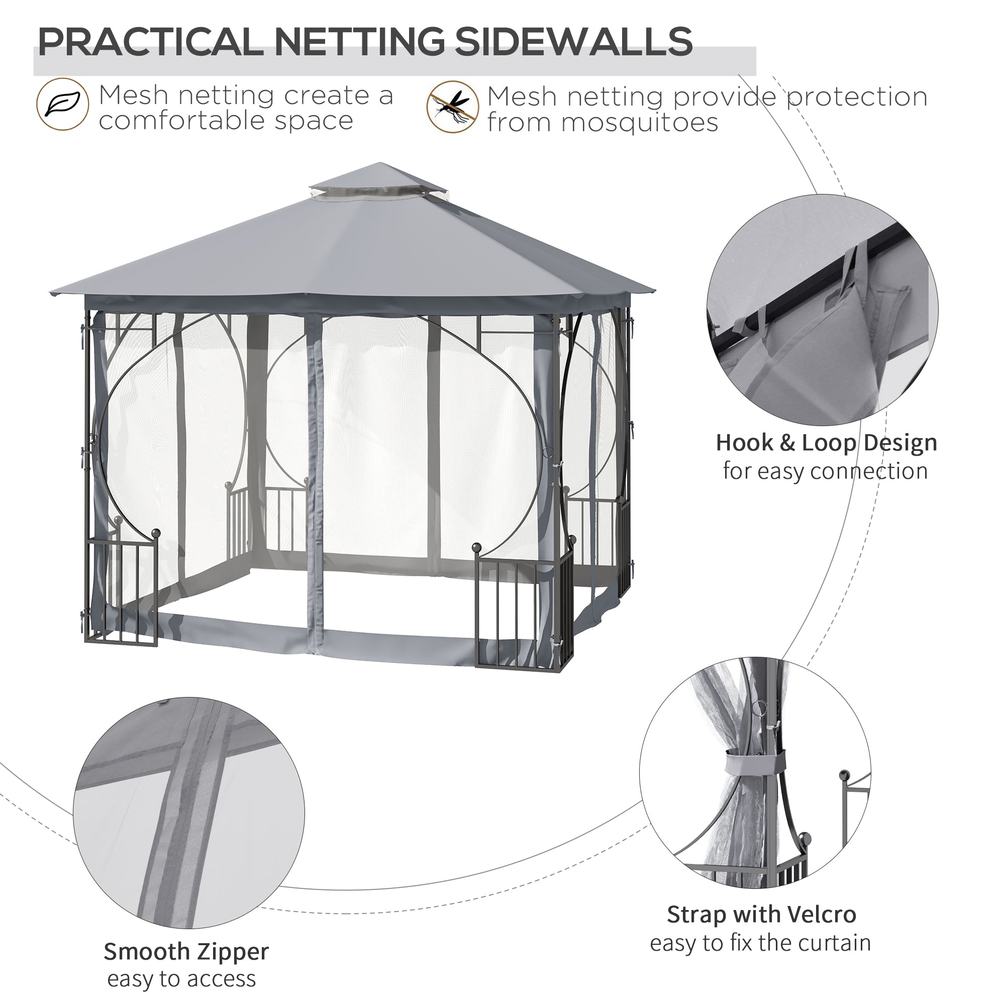 Outsunny 3 x 3(m) Garden Gazebo Patio Party Tent Shelter Outdoor Canopy Double Tier Sun Shade Metal Frame Netting, Light Grey - anydaydirect