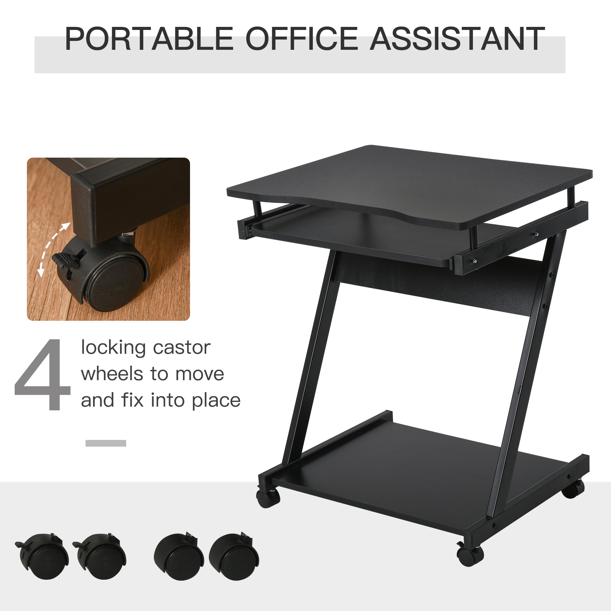 HOMCOM Movable Computer Desk with 4 Moving Wheels Sliding Keyboard Tray Home Office Workstation Black - anydaydirect