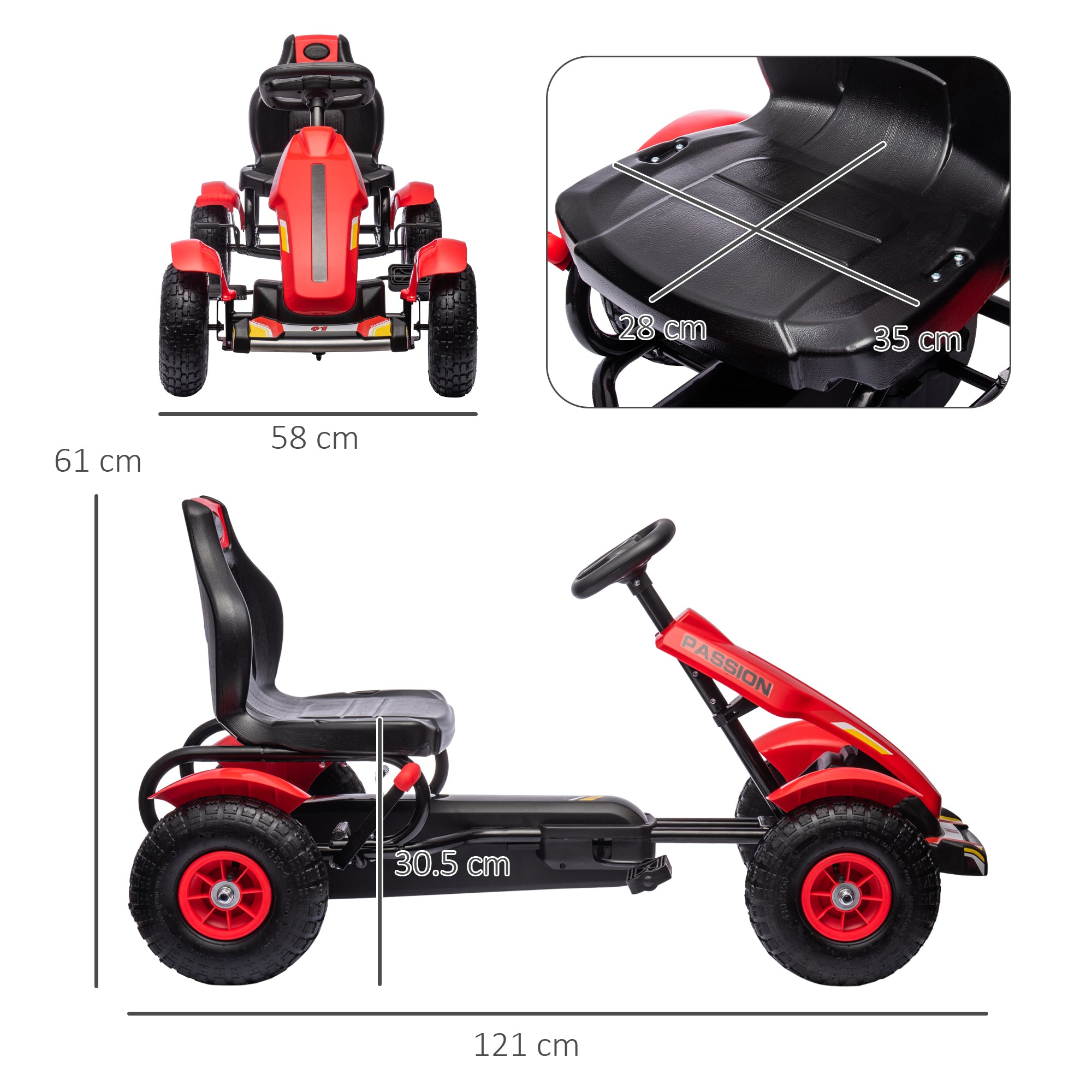 HOMCOM Go Kart for Kids, Pedal Powered Ride On, Adjustable Seat, Pneumatic Tyres, Handbrake, for 5-12 Years, Red - anydaydirect
