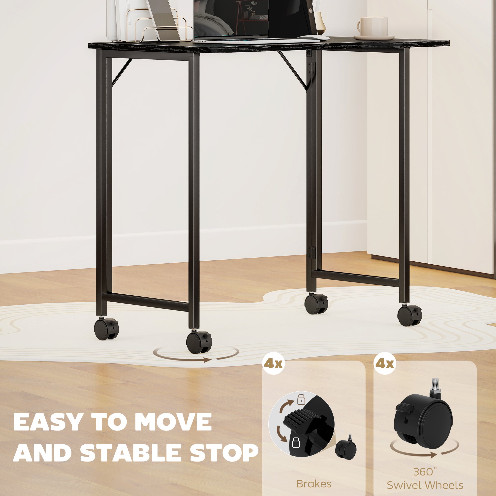 HOMCOM Folding Small Desk on Wheels - Black Wood Effect - anydaydirect