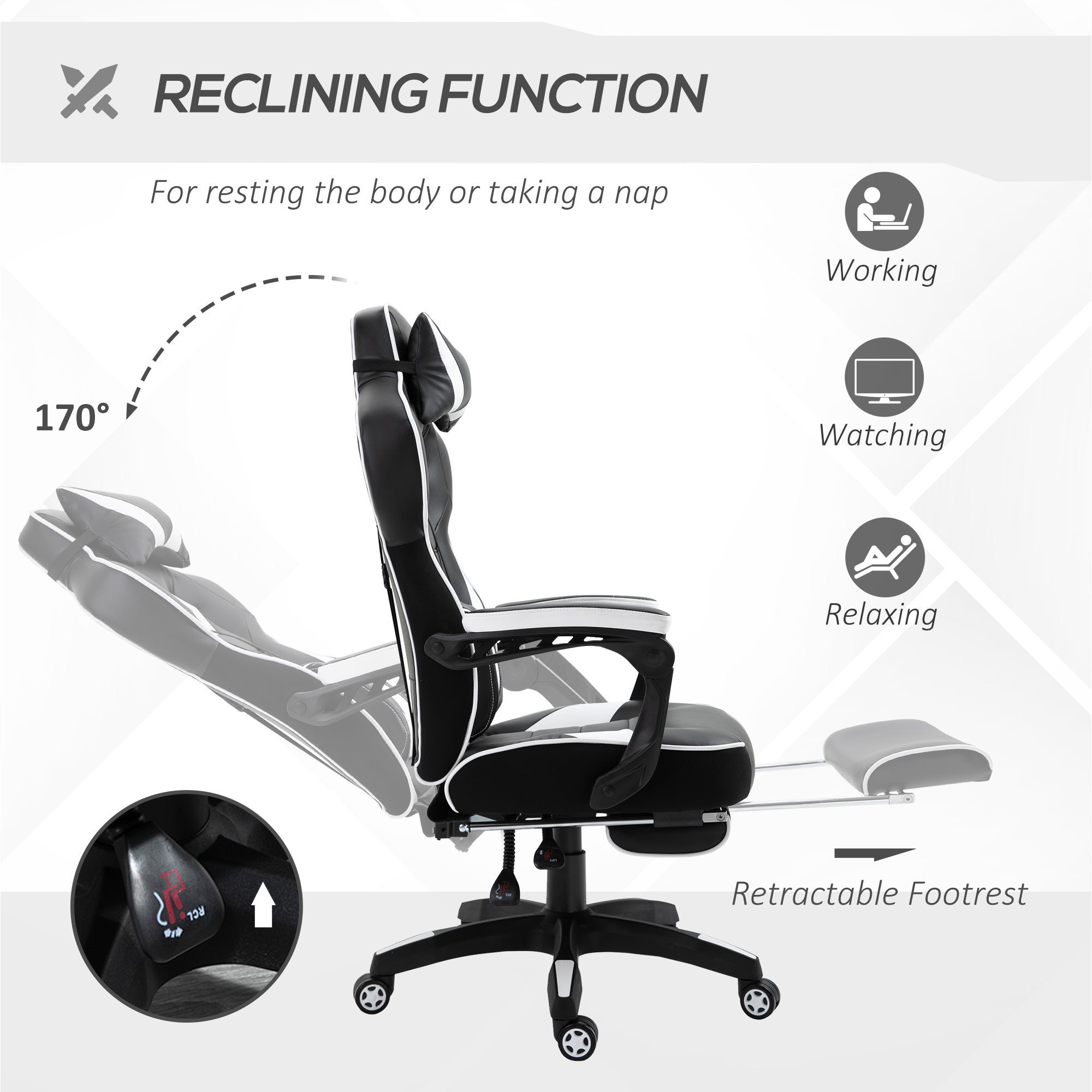 Vinsetto Computer Gaming Chair, Racing Desk Chair with Lumbar Support and Footrest, PU Leather Gamer Chair with Headrest and Swivel Wheels for Home, White - anydaydirect