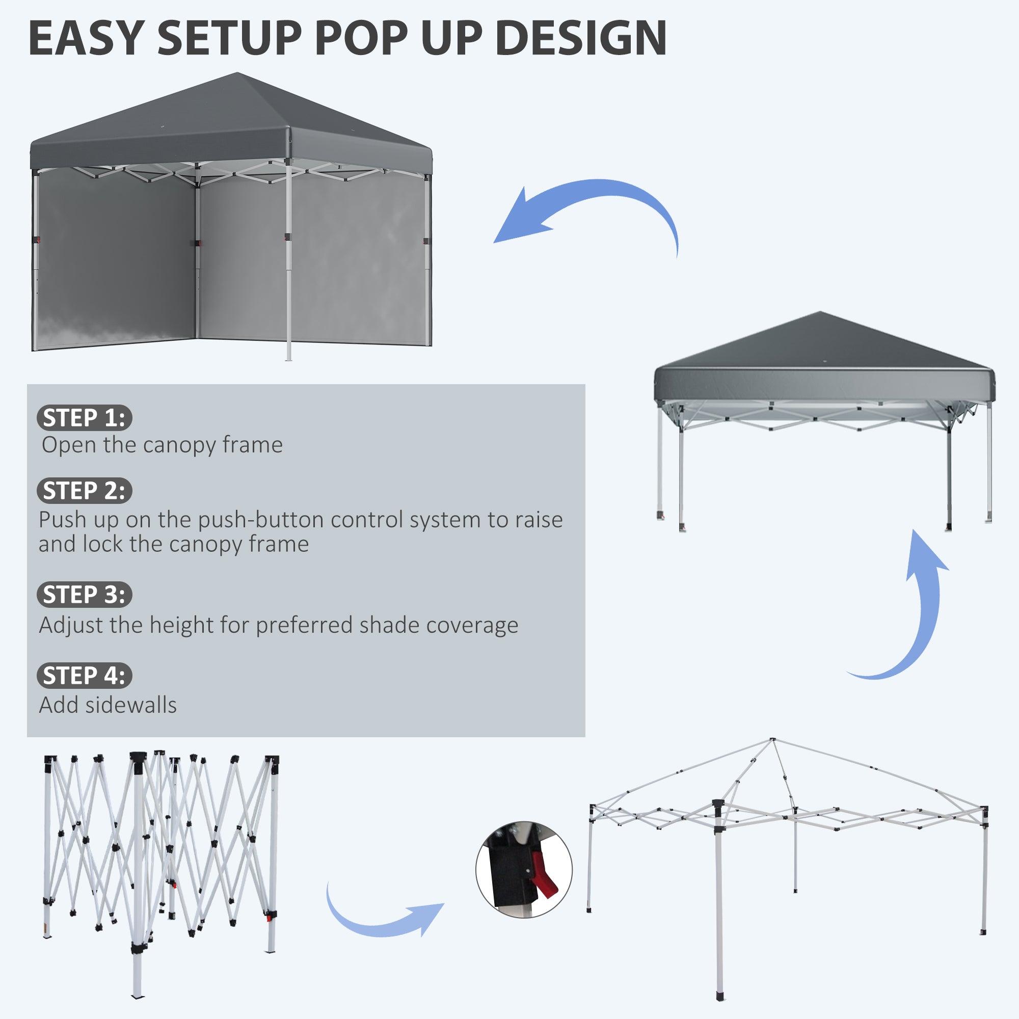 Outsunny 3 x 3 (M) Pop Up Gazebo, UPF 30+ with 2 Sidewalls, Leg Weight Bags and Wheeled Bag, Height Adjustable Party Tent Event Shelter for Garden, Patio, Dark Grey - anydaydirect