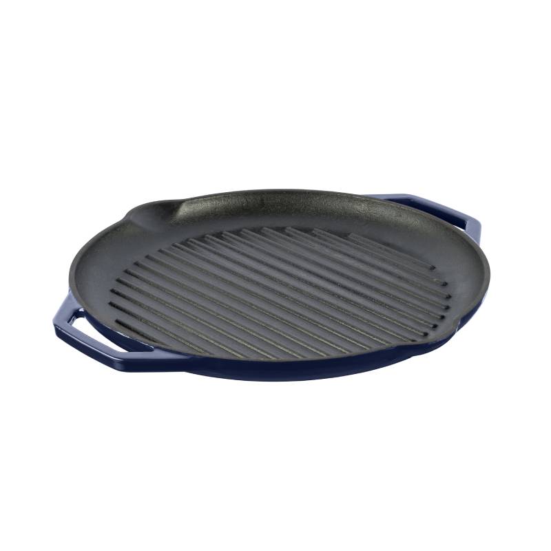 Grand Feu Blue Ribbed Cast Iron Frying Pan, 34cm. - anydaydirect