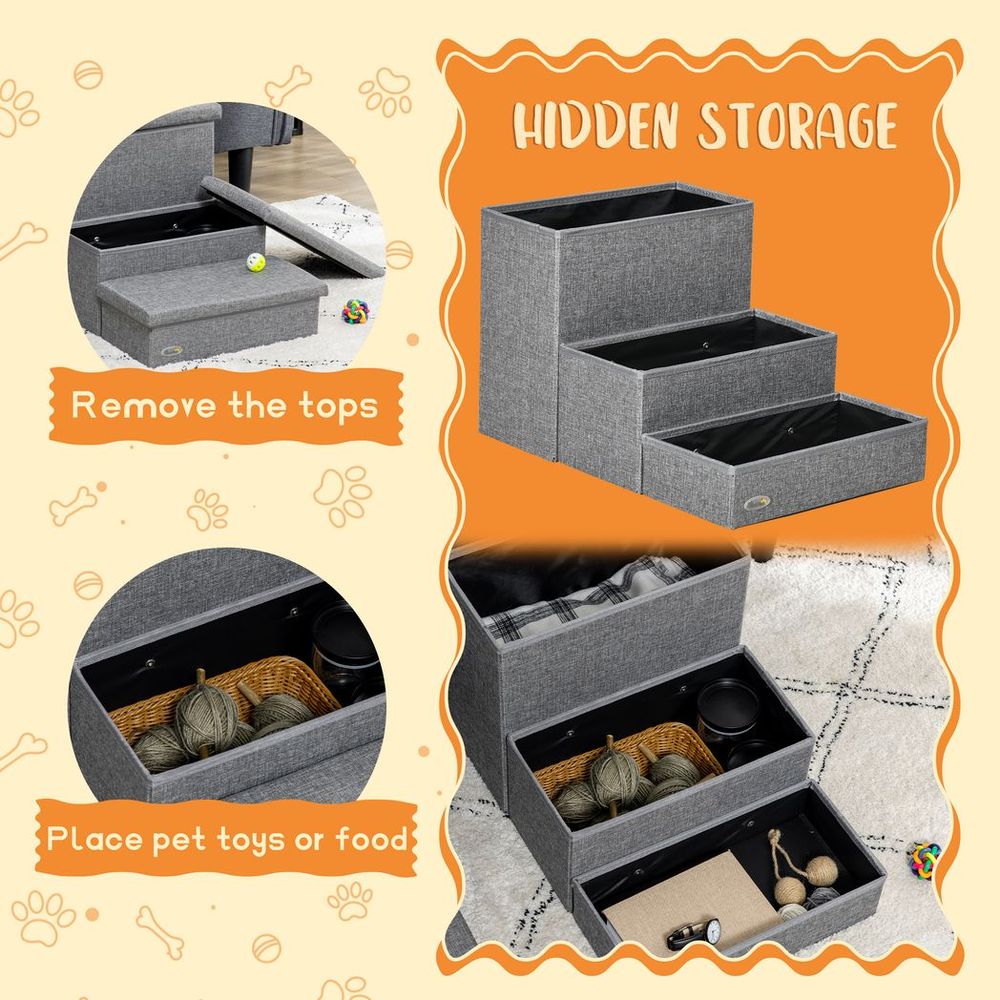 PawHut 3 Step Dog Steps with Storage Boxes, Cat Stairs for Bed Sofa, Light Grey - anydaydirect