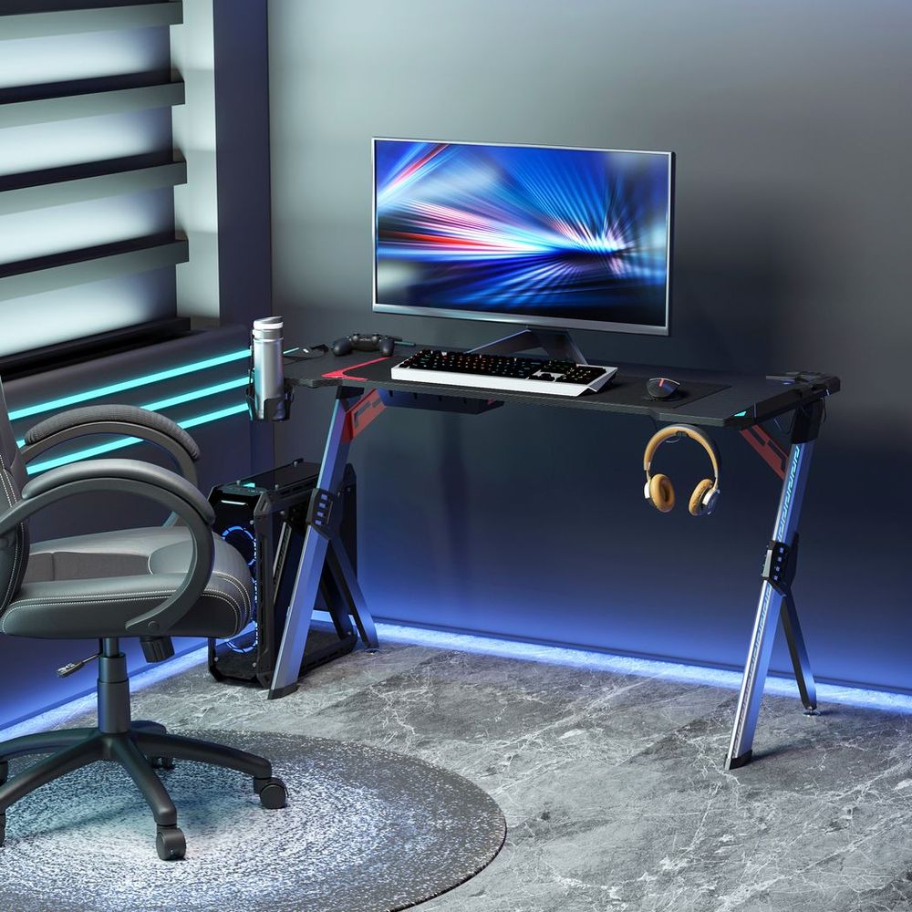 HOMCOM LED Light Gaming Desk Computer Steel Frame Cup Holder Headphone Hook - anydaydirect