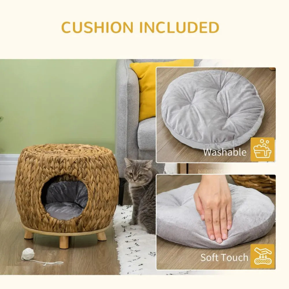 Rattan Cat House Stool, Wicker Kitten Bed for Outdoors and Indoors w/ Cushion - anydaydirect