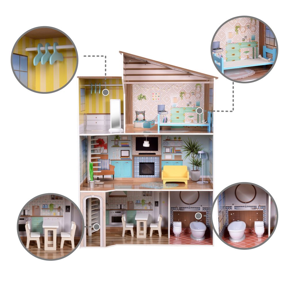 Olivia's Little World Large Kids Wooden Dolls House 3 Floors & 17 Accessories - anydaydirect