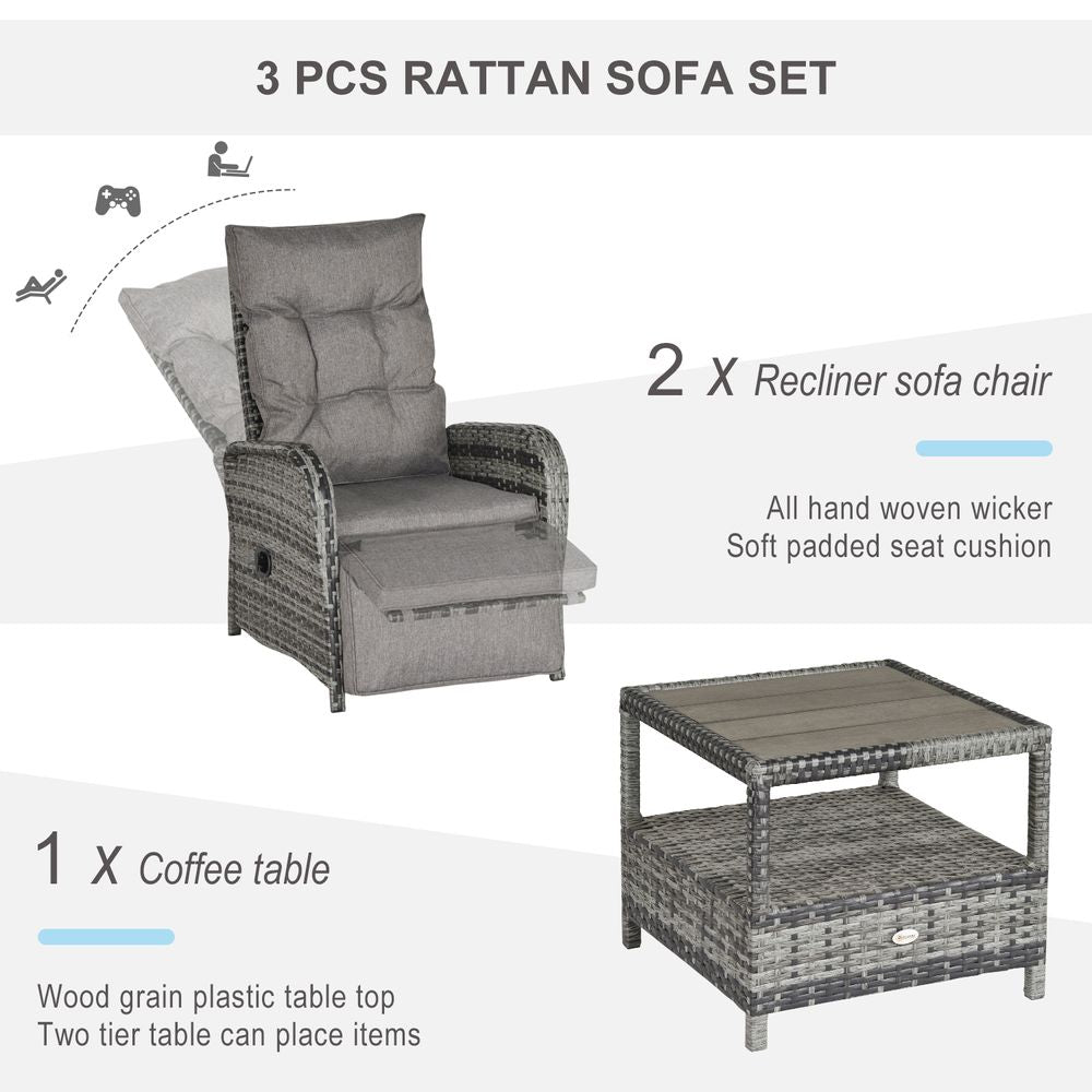 3 Pcs Rattan Chaise Lounge Sofa Set Bistro & Cushion Mixed Grey - anydaydirect