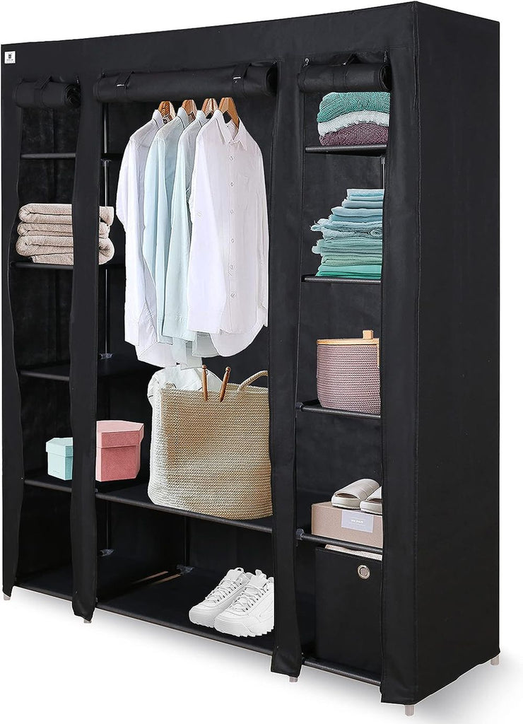Knight Triple Canvas Portable Large Free Standing Wardrobe Shelving Clothes Storage with Hanging Rail and Cubic Drawer (1pc Included) - L 150cm x W 45cm x H 175cm - Black - anydaydirect