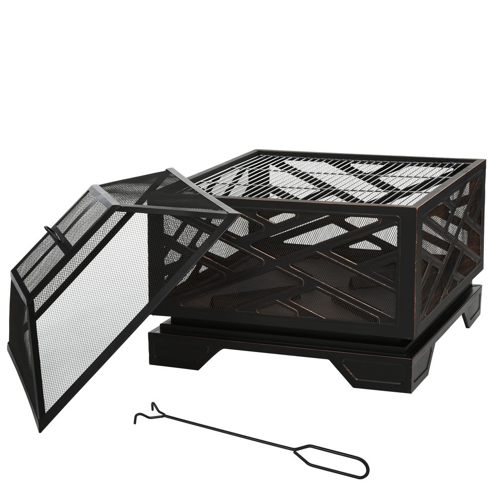66cm Square Fire Pit Metal Brazier BBQ  Screen Cover Poker, Black - anydaydirect