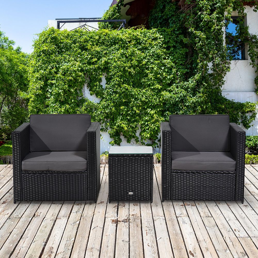 Outsunny 2 Seater Rattan Sofa  Furniture Set W/Cushions, Steel Frame-Black - anydaydirect