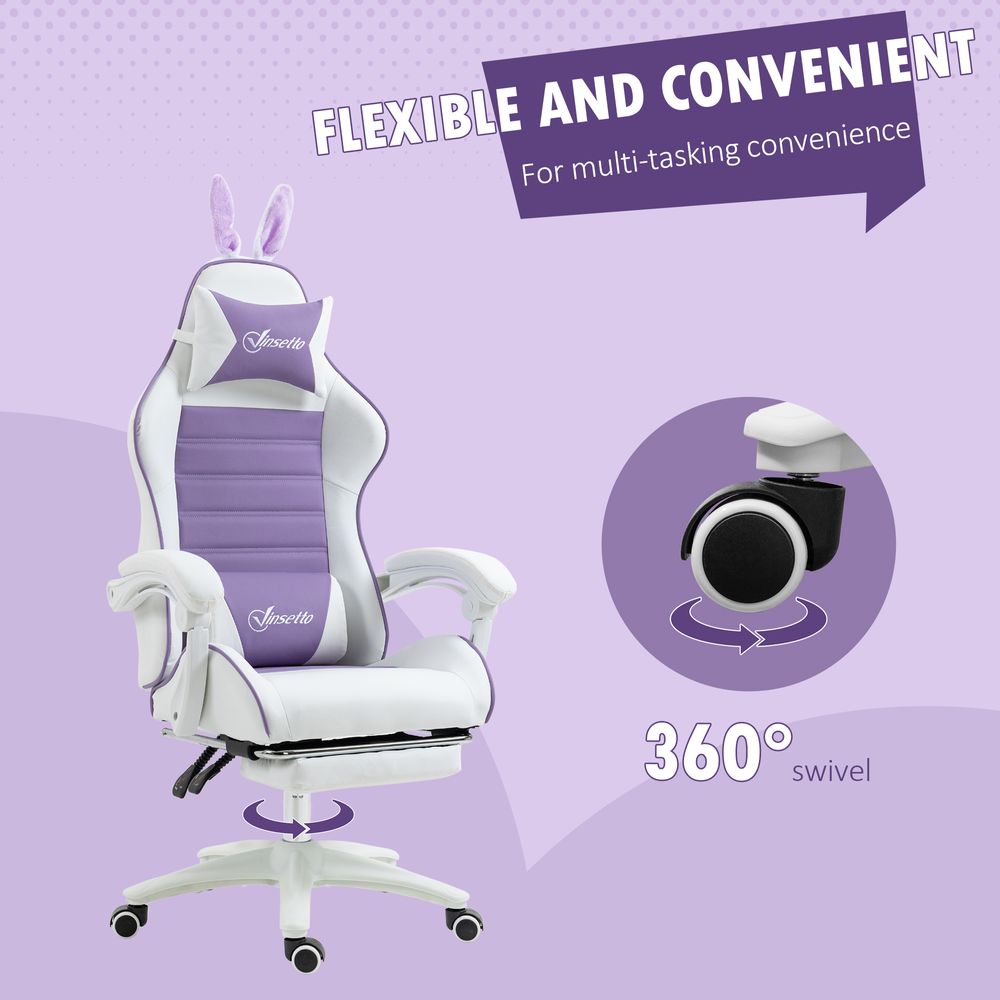 Vinsetto Racing Style Gaming Chair with Footrest Removable Rabbit Ears, Purple - anydaydirect