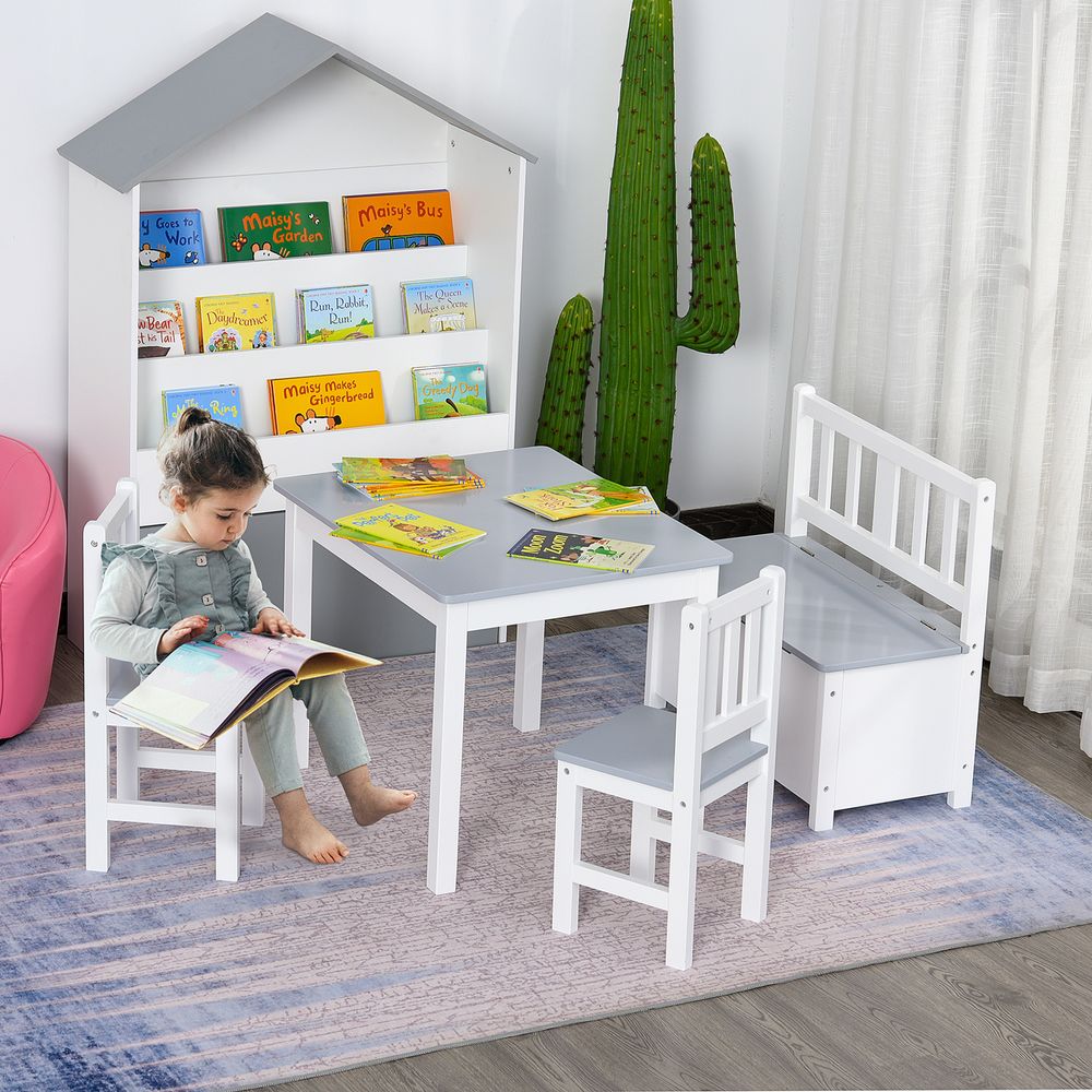 4-Piece Set Kids Wood Table Chair Bench Storage Function for 3 Years+ HOMCOM - anydaydirect