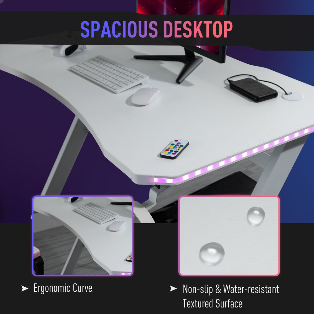 Gaming Desk Racing Style Computer Table RGB LED Lights, Hook, White - anydaydirect