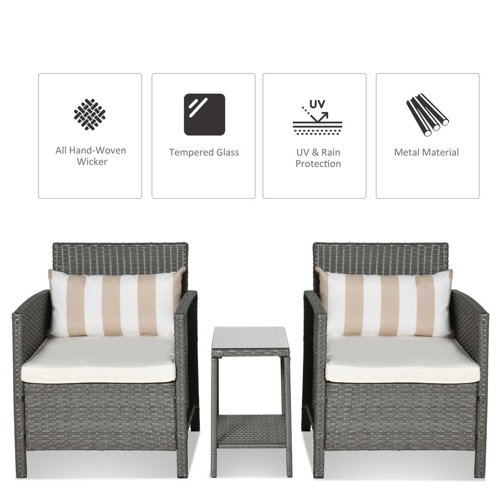 Rattan 2 Seater Patio Bistro Set with Cushion Pillow - Grey, Cream White - anydaydirect