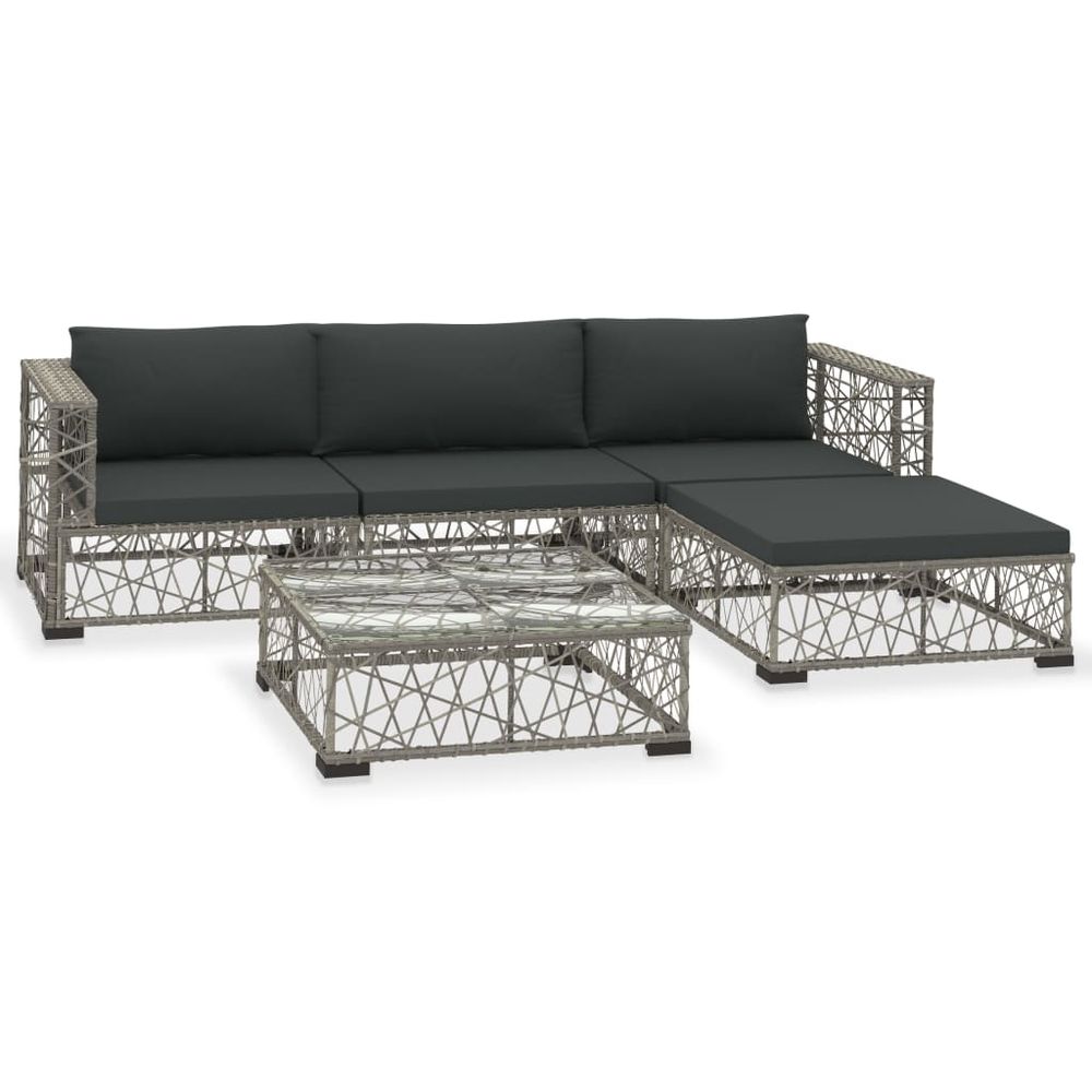 5 Piece Garden Lounge Set with Cushions Poly Rattan Grey - anydaydirect