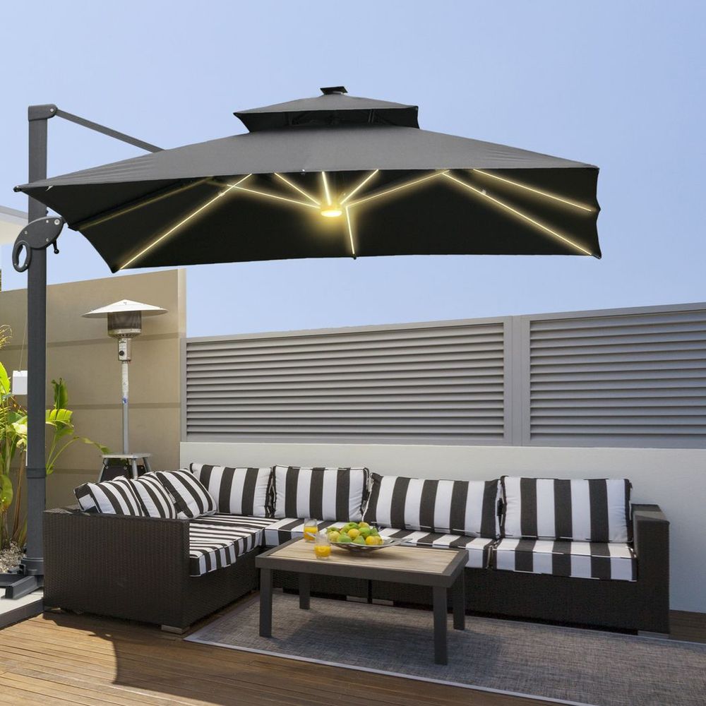 Outsunny 3 x 3(m) Cantilever Umbrella Power Bank Solar Cold Light Dark Grey - anydaydirect