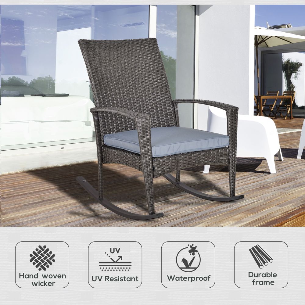 Outsunny PE Rattan Outdoor Garden Rocking Chair w/ Cushion Grey - anydaydirect