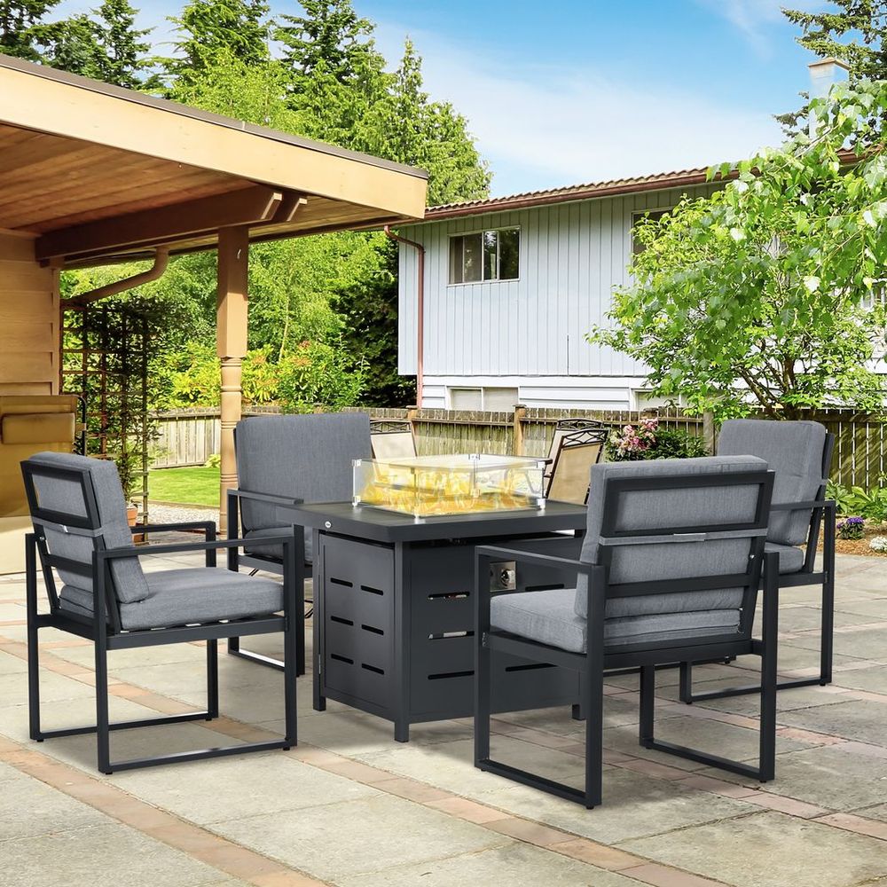 4 Seater Aluminium Garden Furniture Set with Gas Firepit Table, Grey - anydaydirect